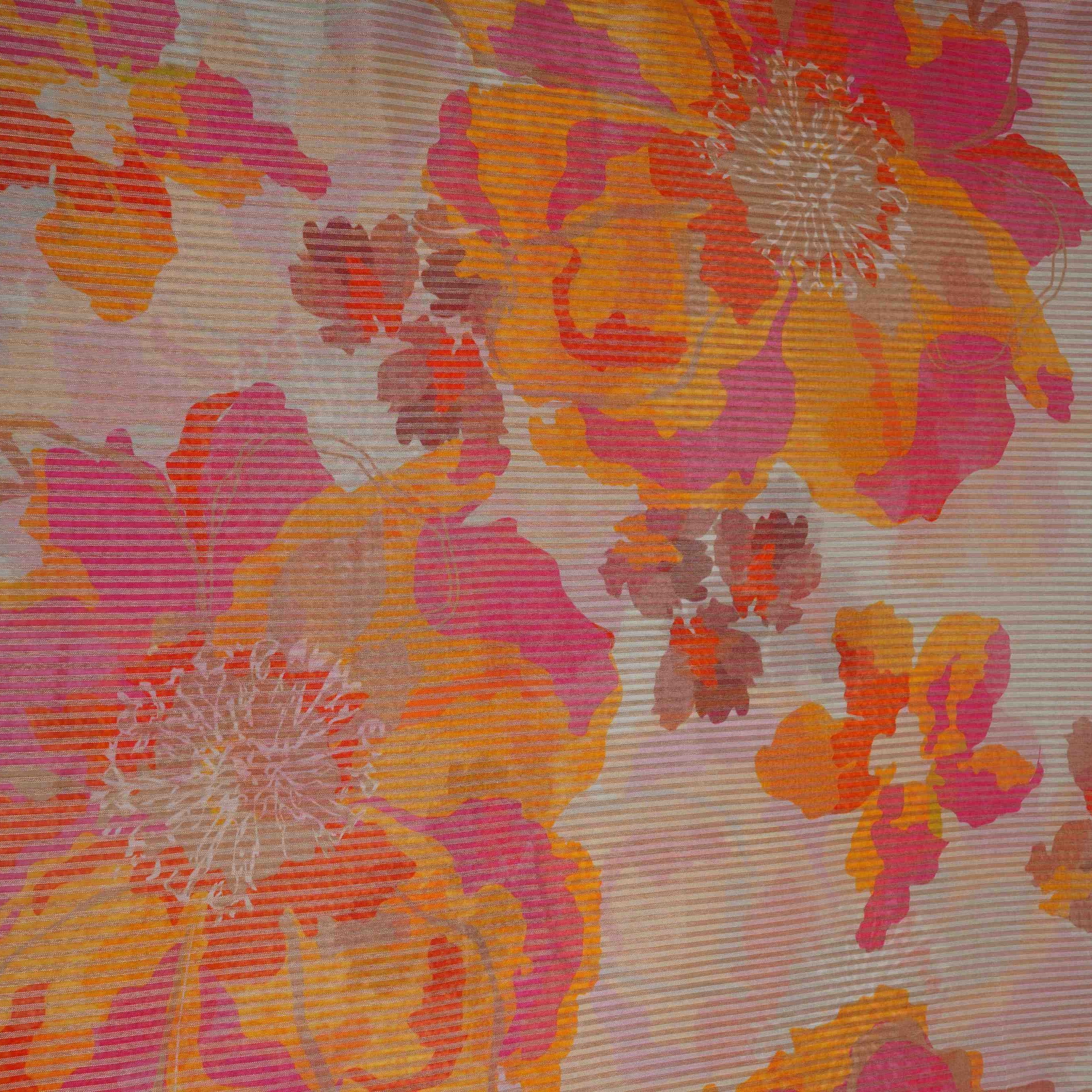 Light Grey floral with stripes print Organza Fabric VP-32008 - Image 2