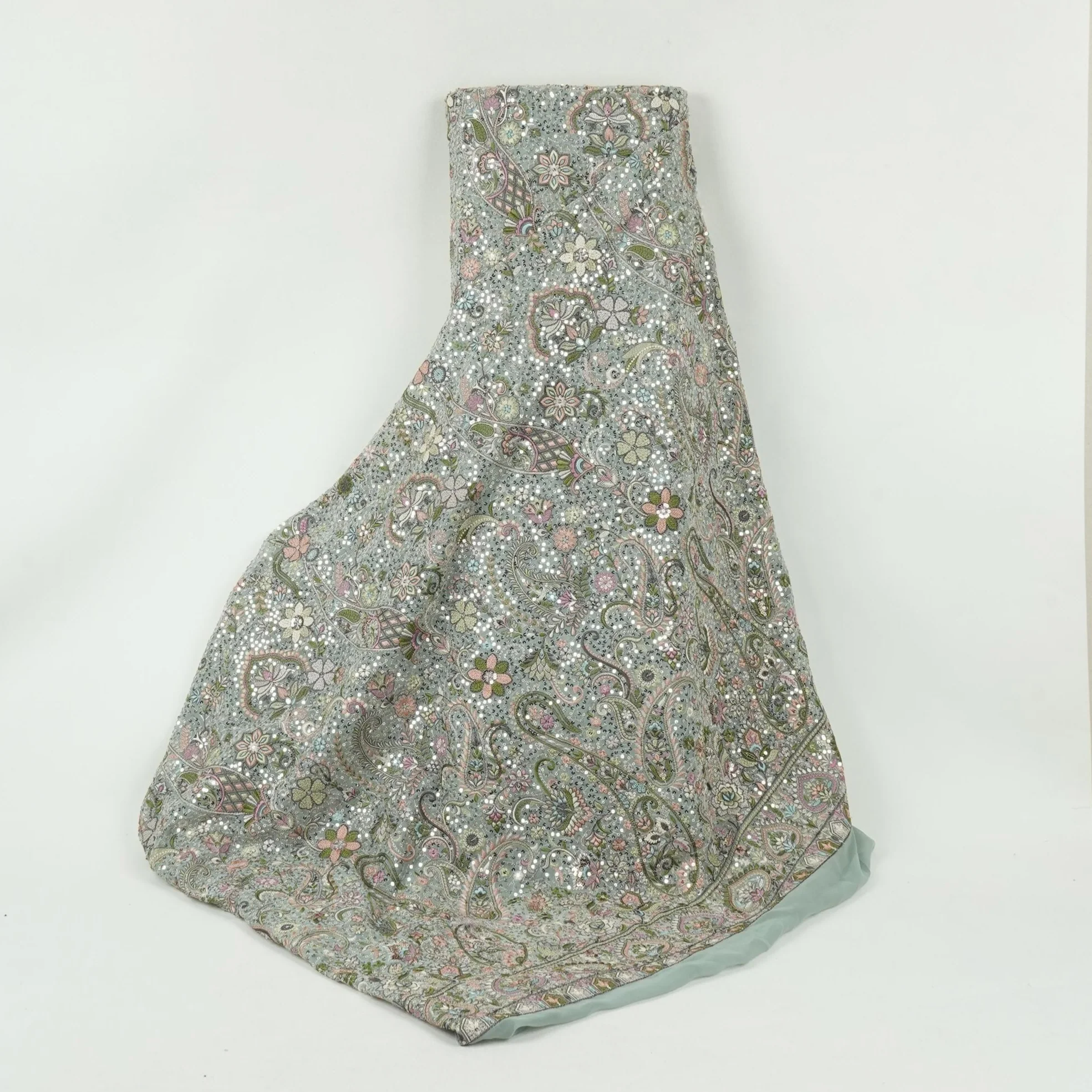 Light Grey Kashmiri Paisley Embroidery Georgette Fabric DR-32375