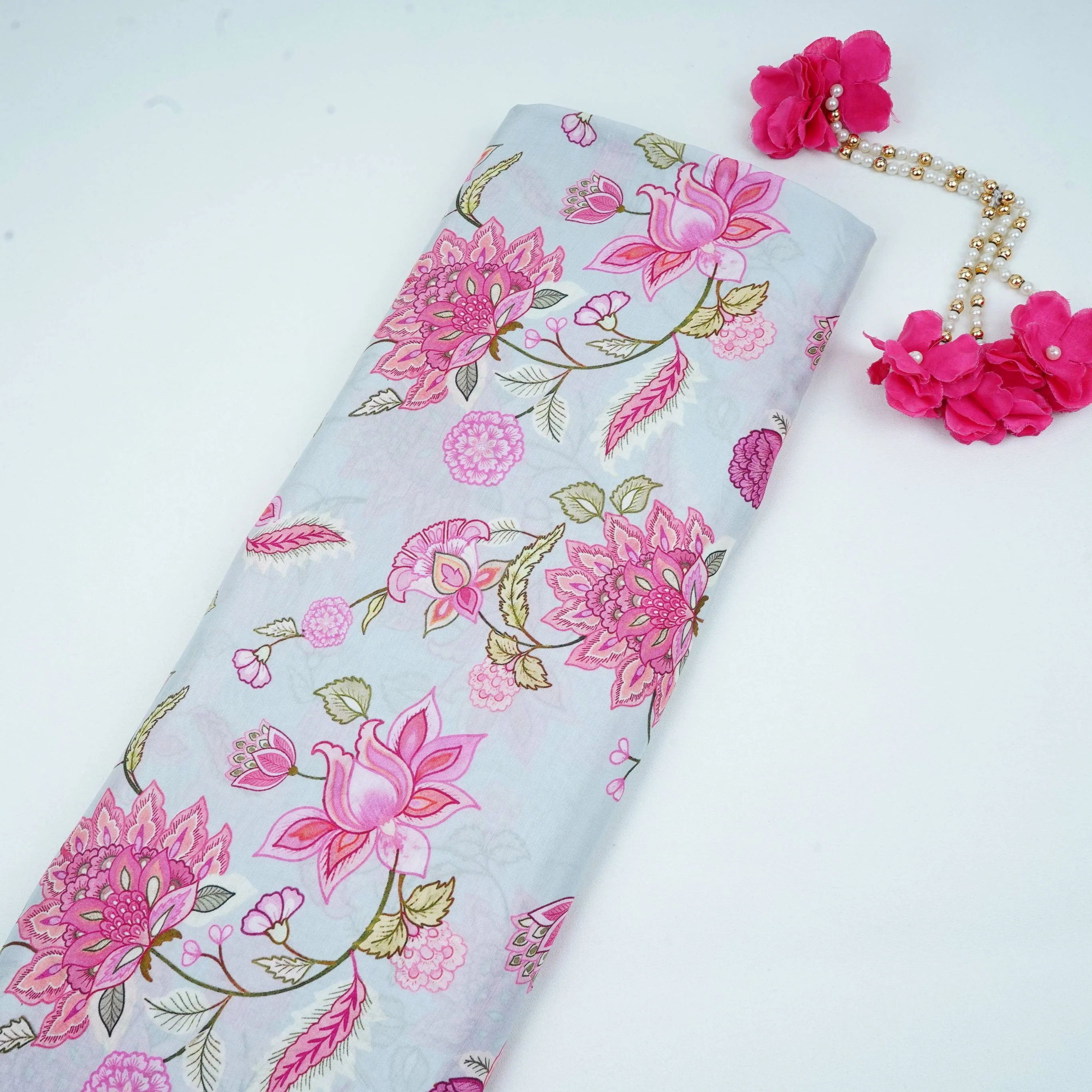 Light Grey Mughal Floral Print Muslin Fabric GTS-30948