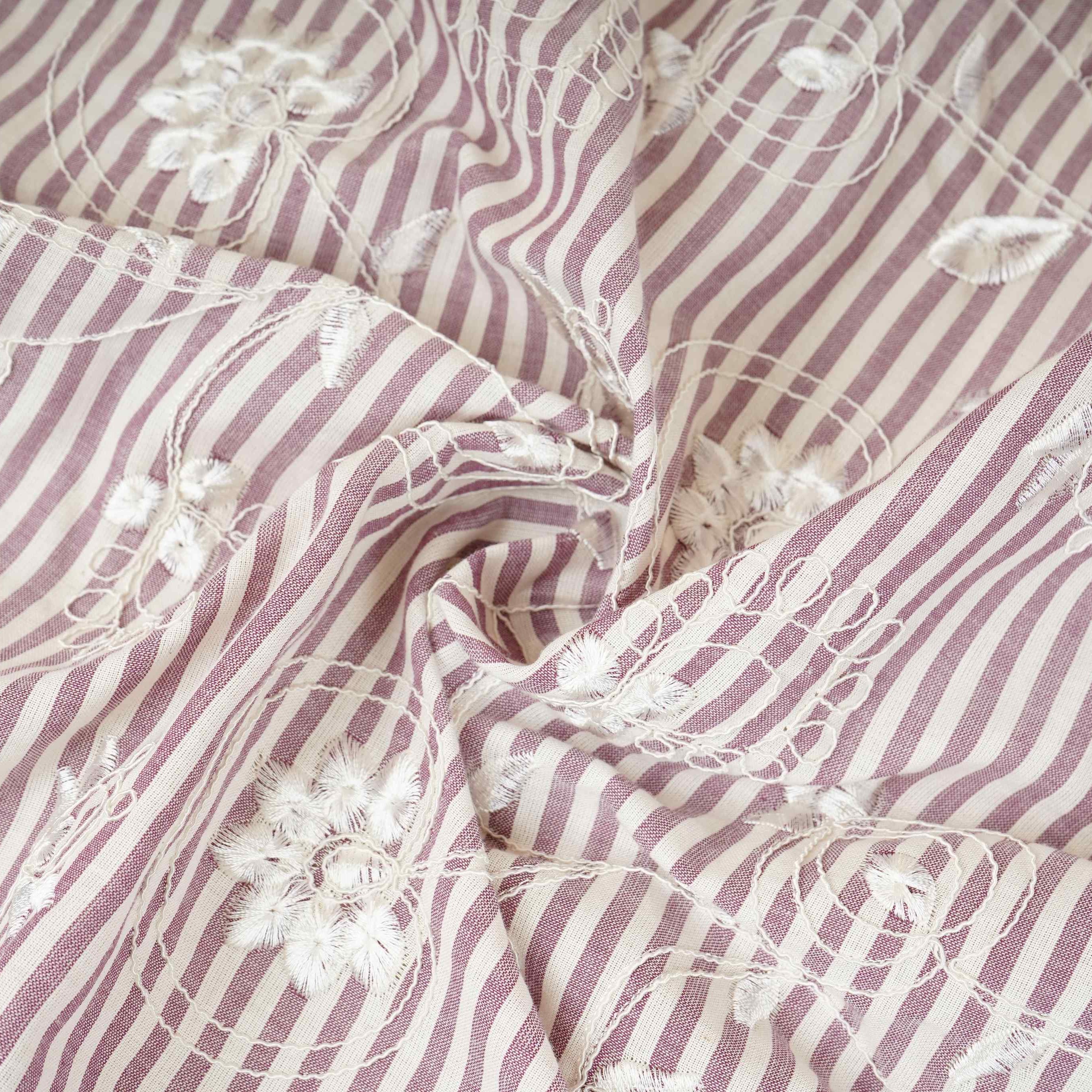 Light Grey Stripes Floral Embroidery South Cotton Fabric ZA-30584 - Image 3