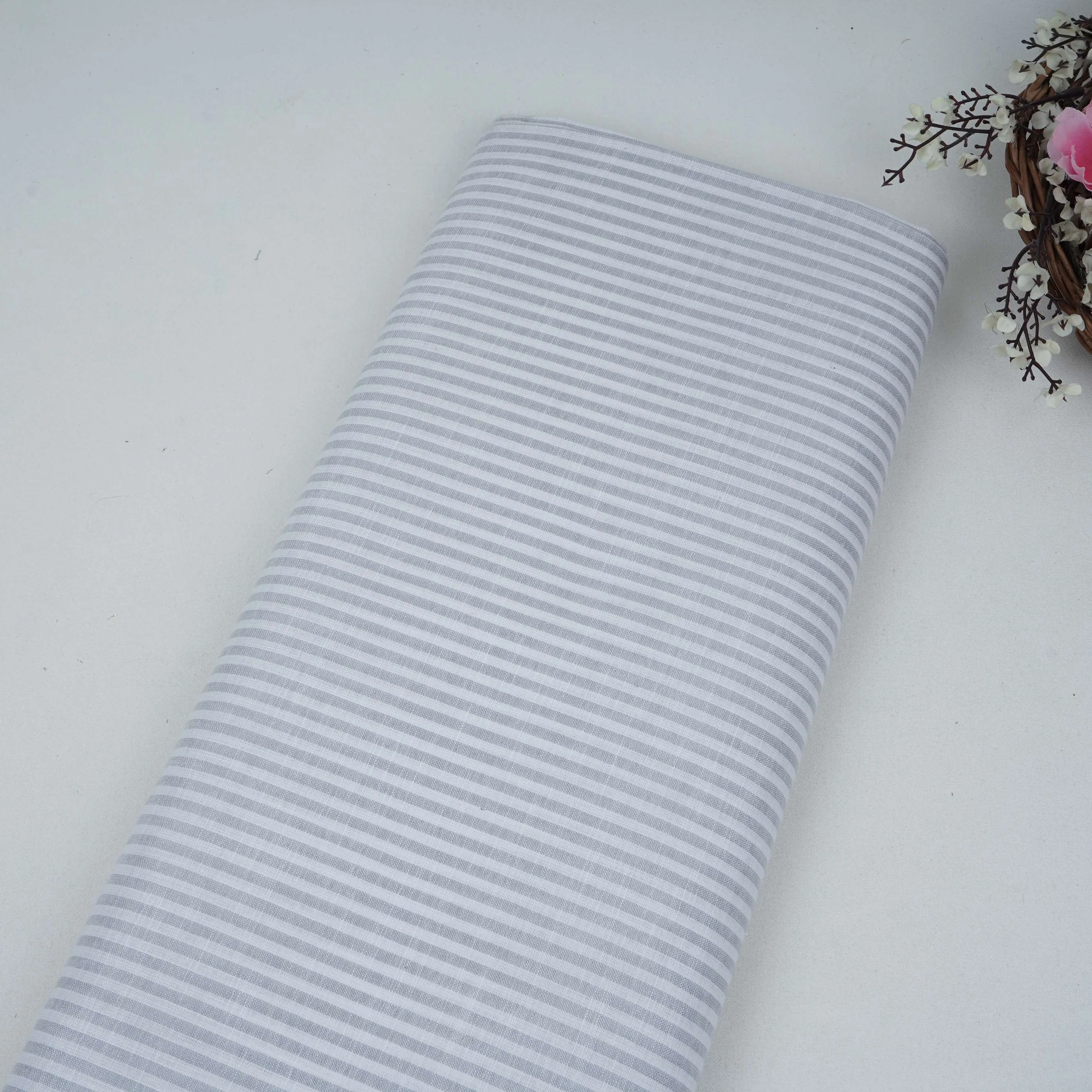 Light Grey With Off White Stripes Cotton Linen Fabric MFM-32411