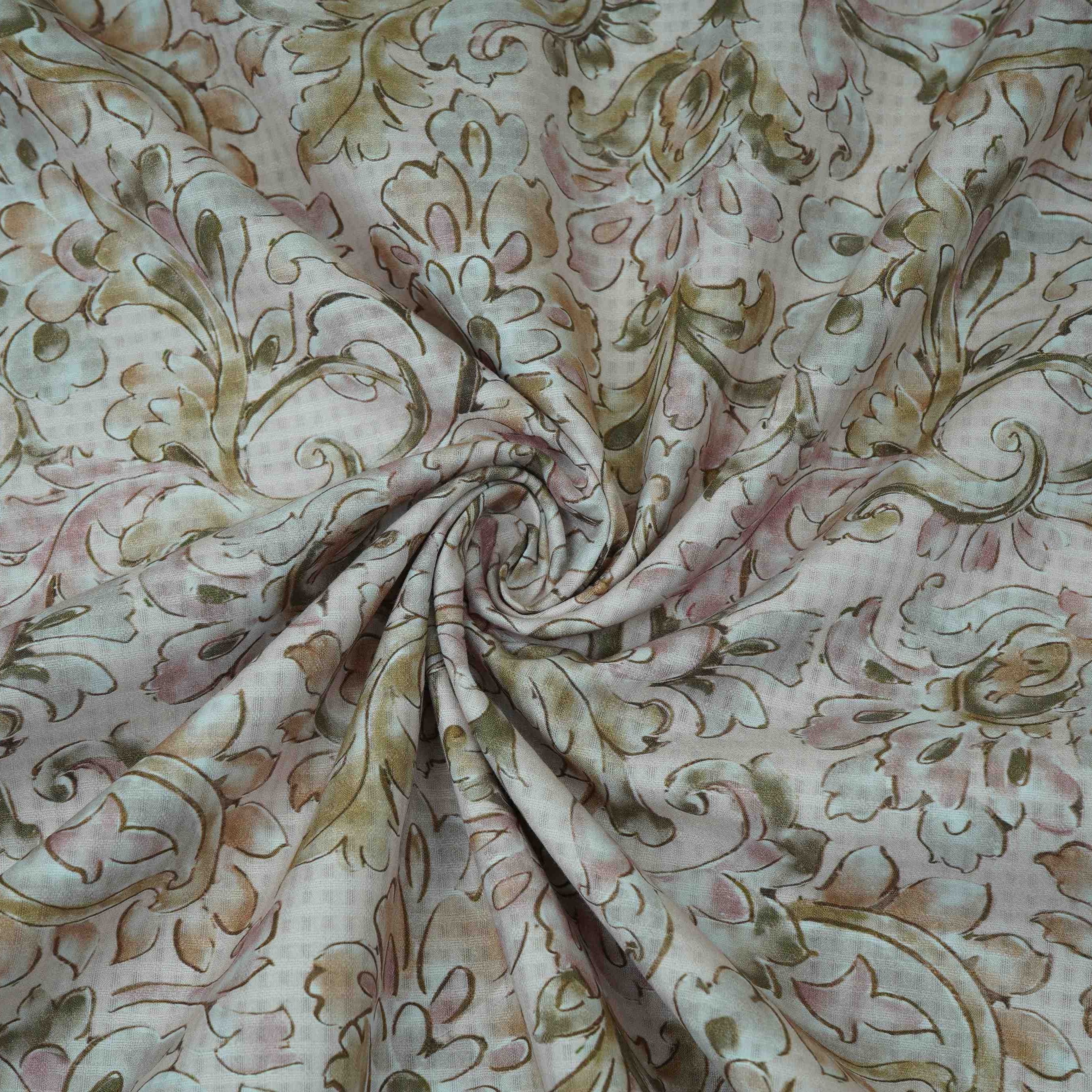 Light Peach floral print Cotton Check Fabric PI-31907 - Image 3