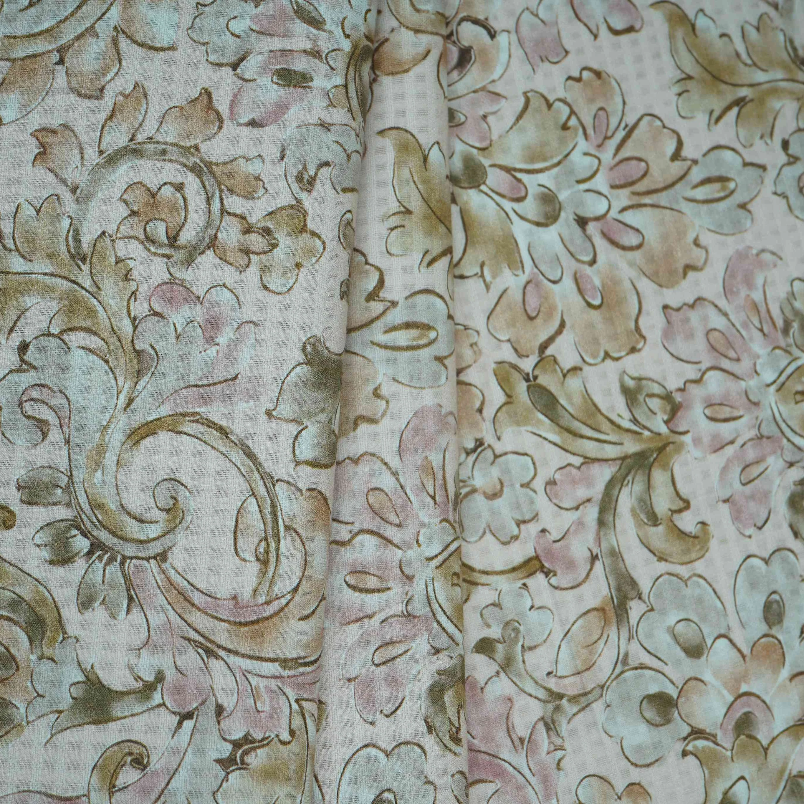 Light Peach floral print Cotton Check Fabric PI-31907 - Image 4