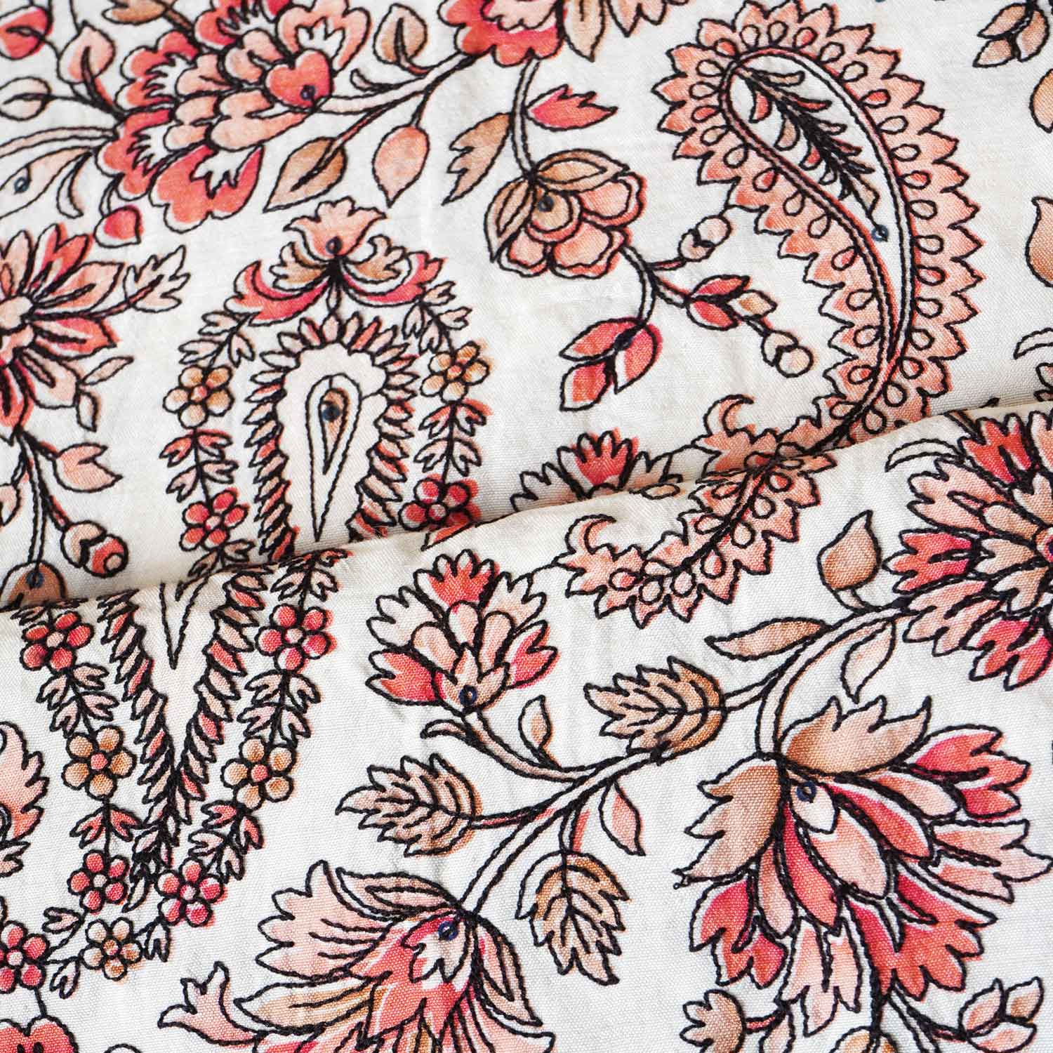 Light Peach Kashmiri Embroidery Raw Silk Fabric DR-28026 - Image 3