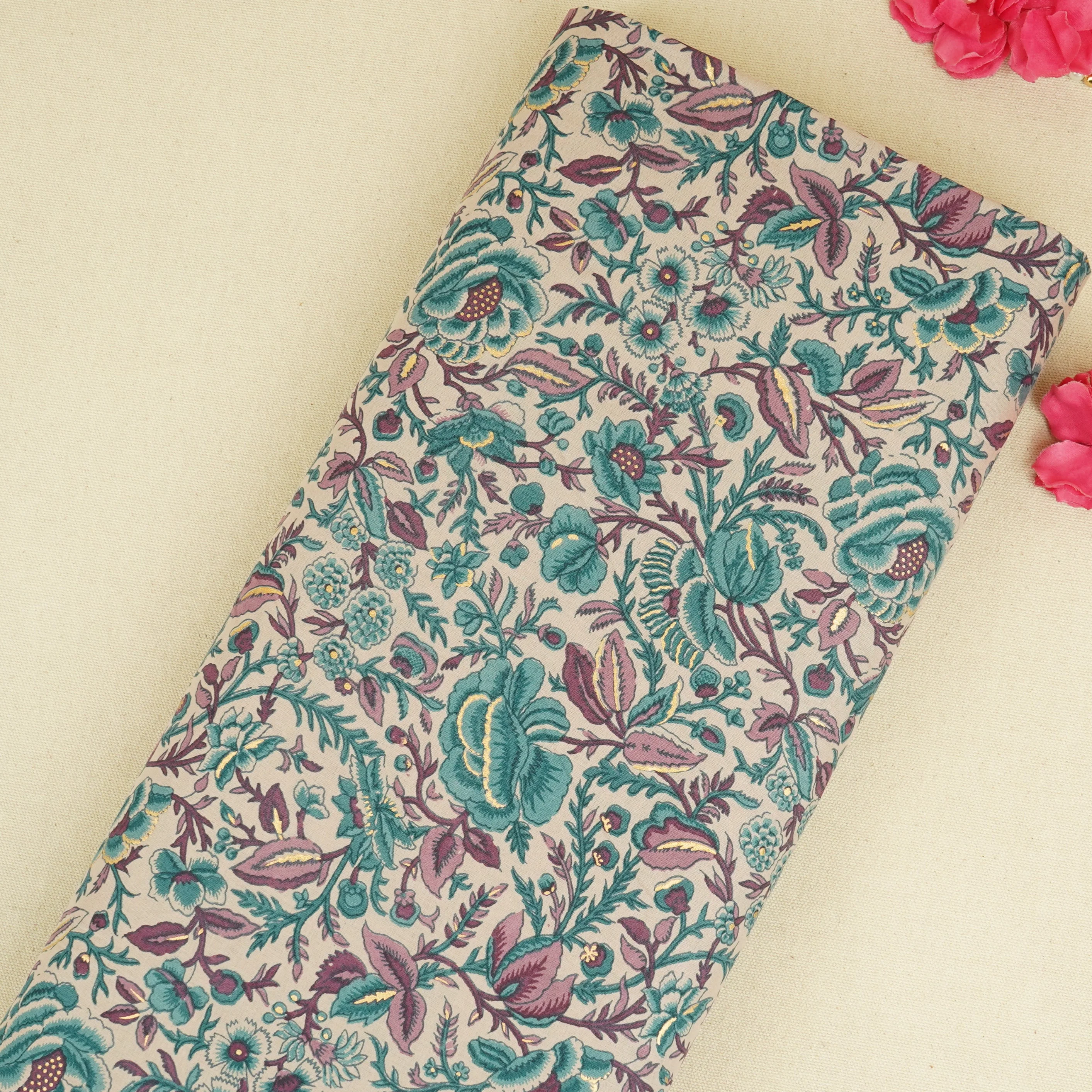 Light Pink Floral Foil Print Cotton Fabric PB-29713