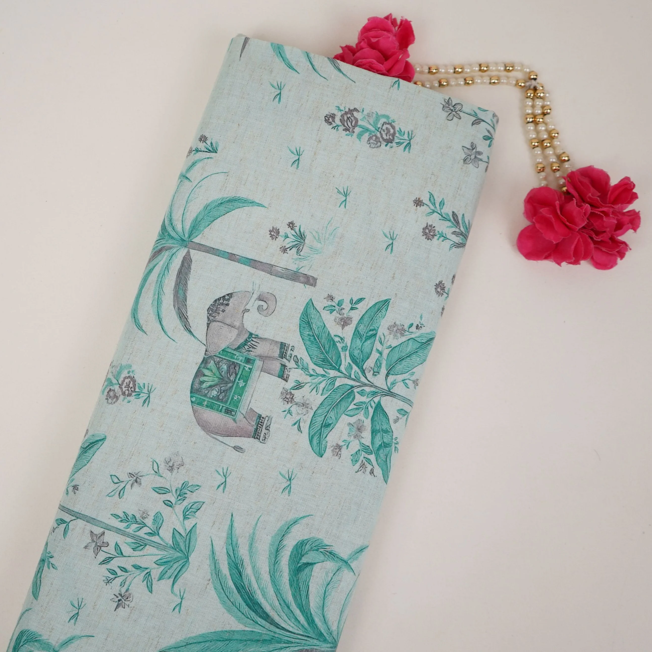Light Sky Blue floral print Cotton Linen Fabric DE-32143