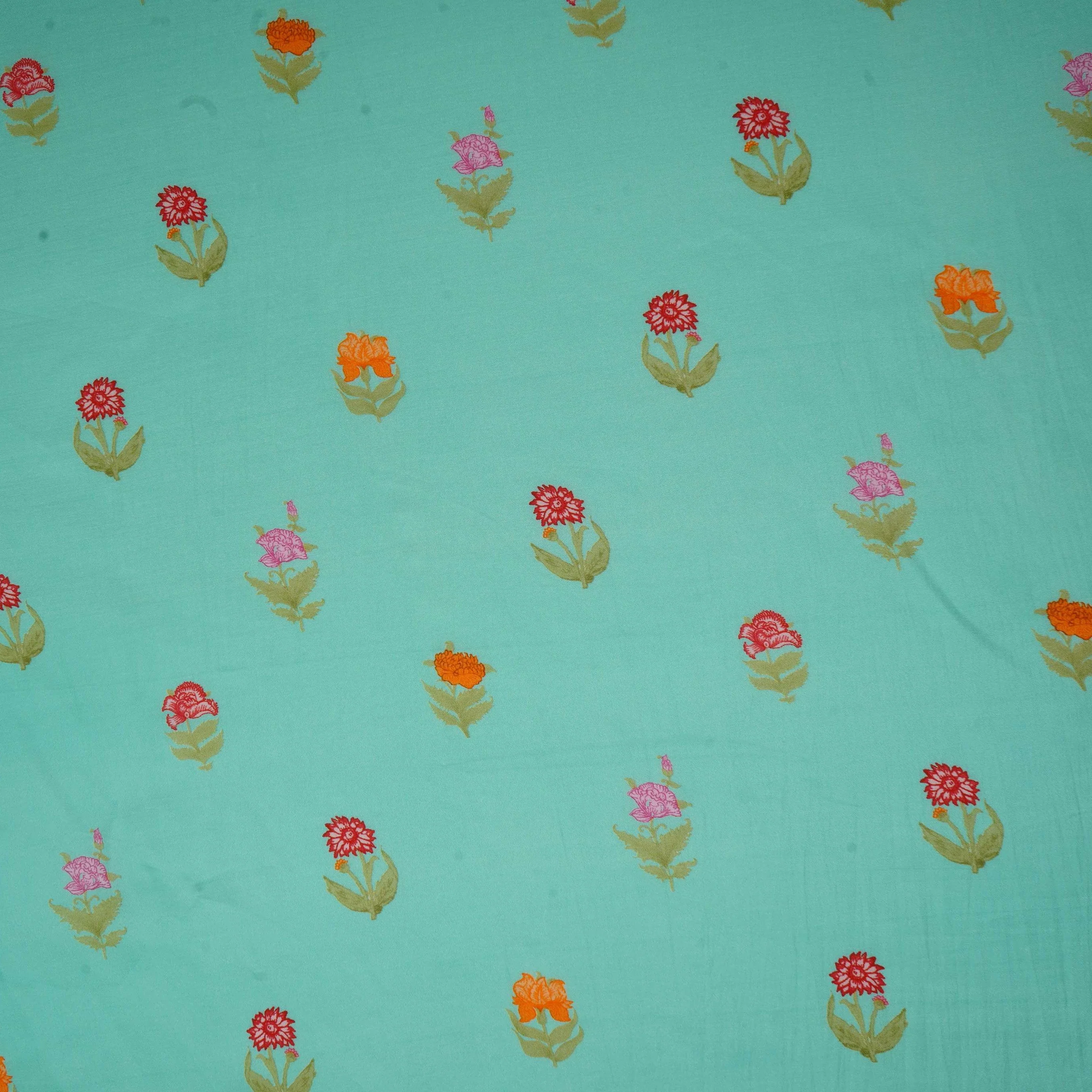 Light Turquoise Floral Print Muslin Fabric GTS-30936 - Image 2