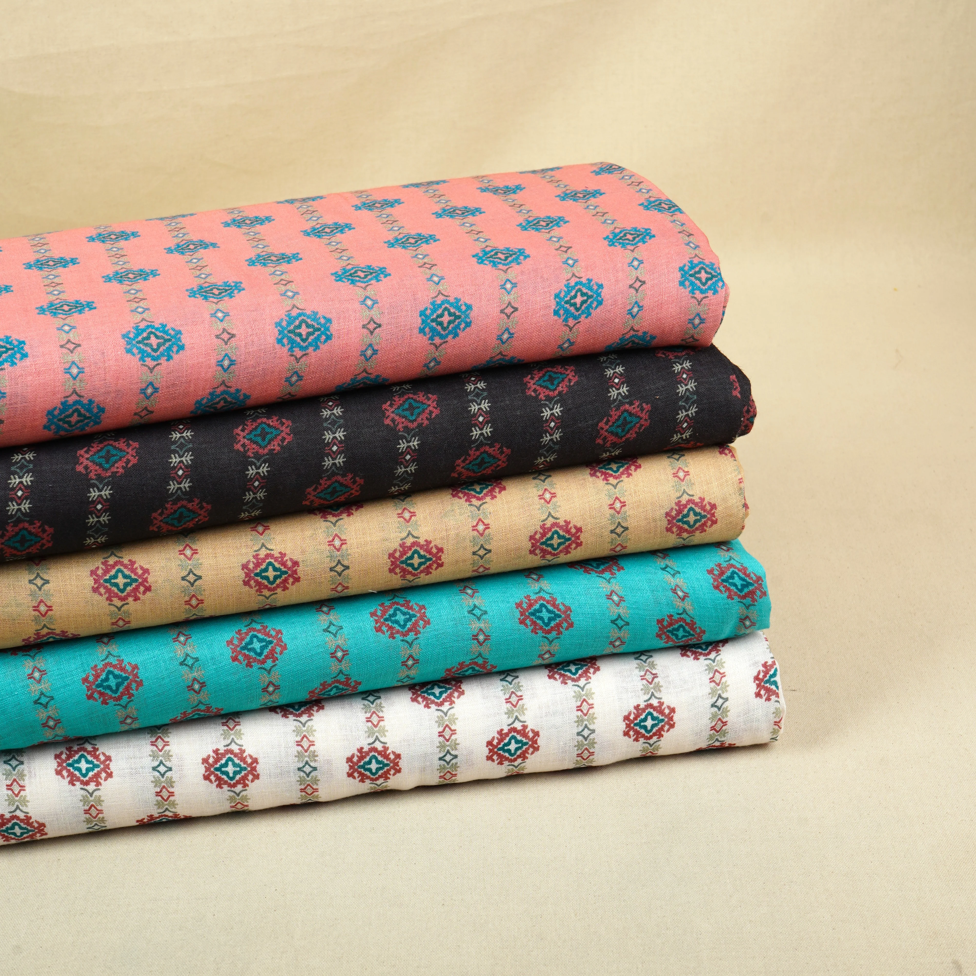 Coral Pink Abstract Print Cotton Linen Fabric GTS-30279 - Image 6