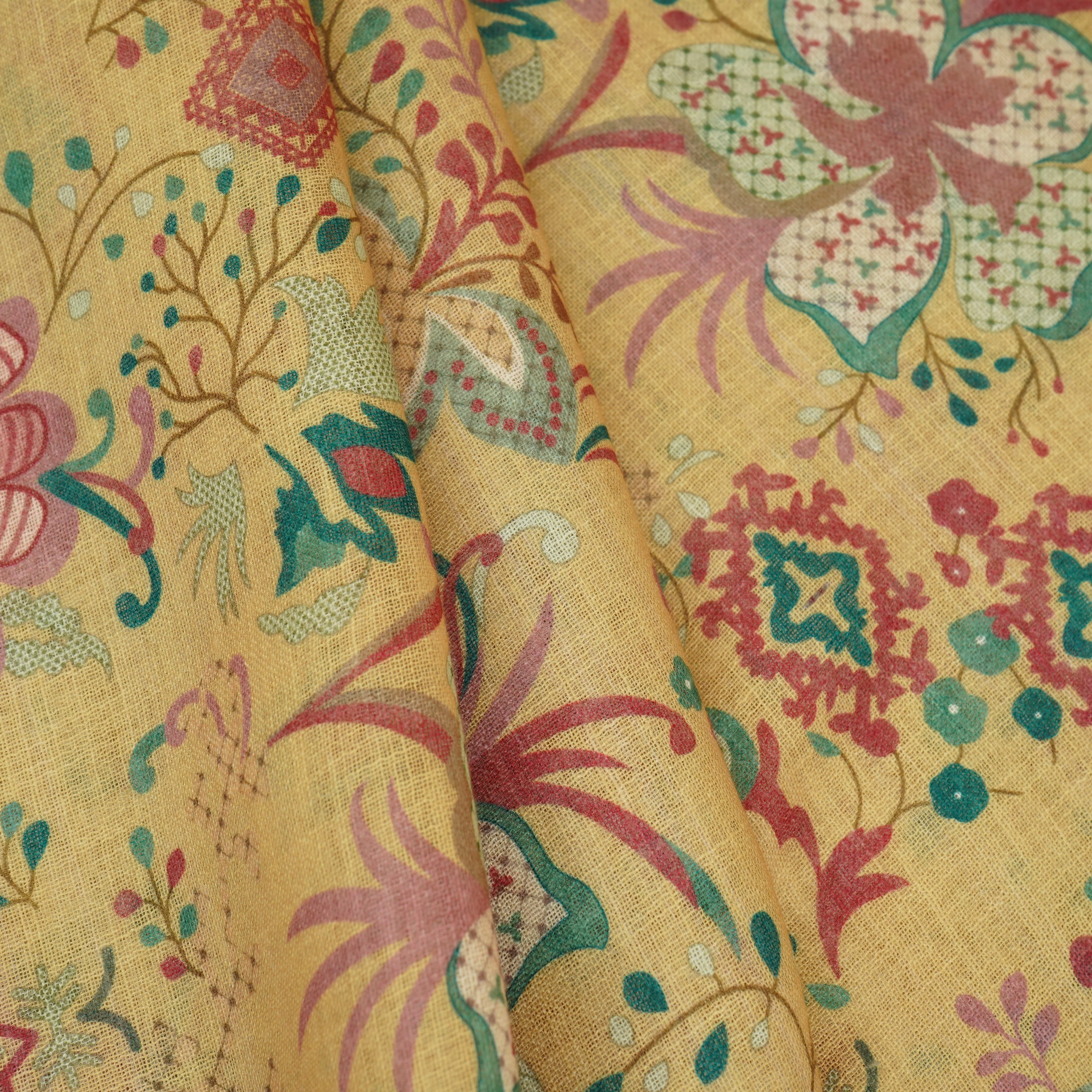 Light Yellow Floral Print Cotton Linen Fabric GTS-30286 - Image 4