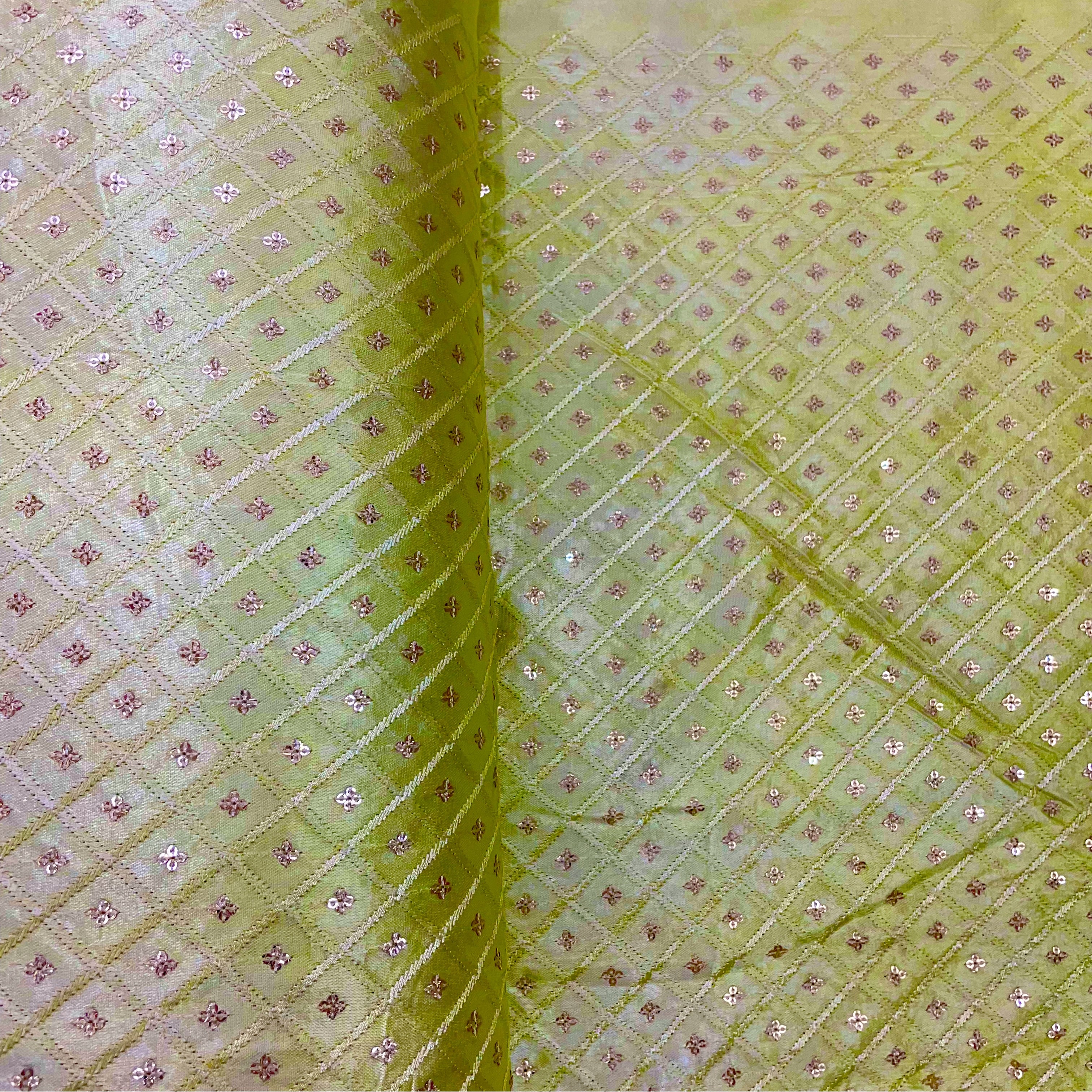 Light Yellow Geometrical Embroidery Sequins Satin Silk Fabric - Image 3