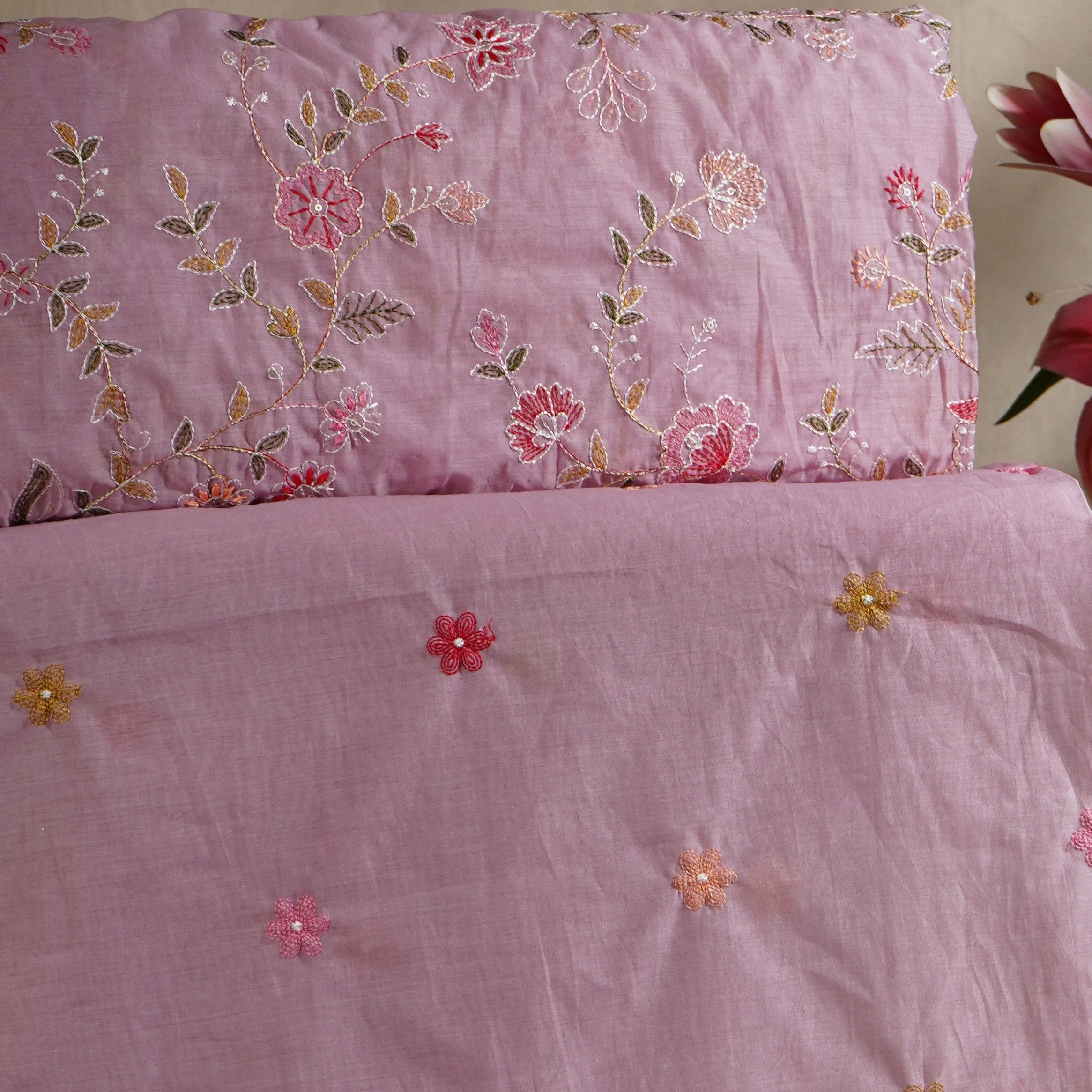Lilac floral embroidery motif Mul Chanderi Fabric DC-29679 - Image 5