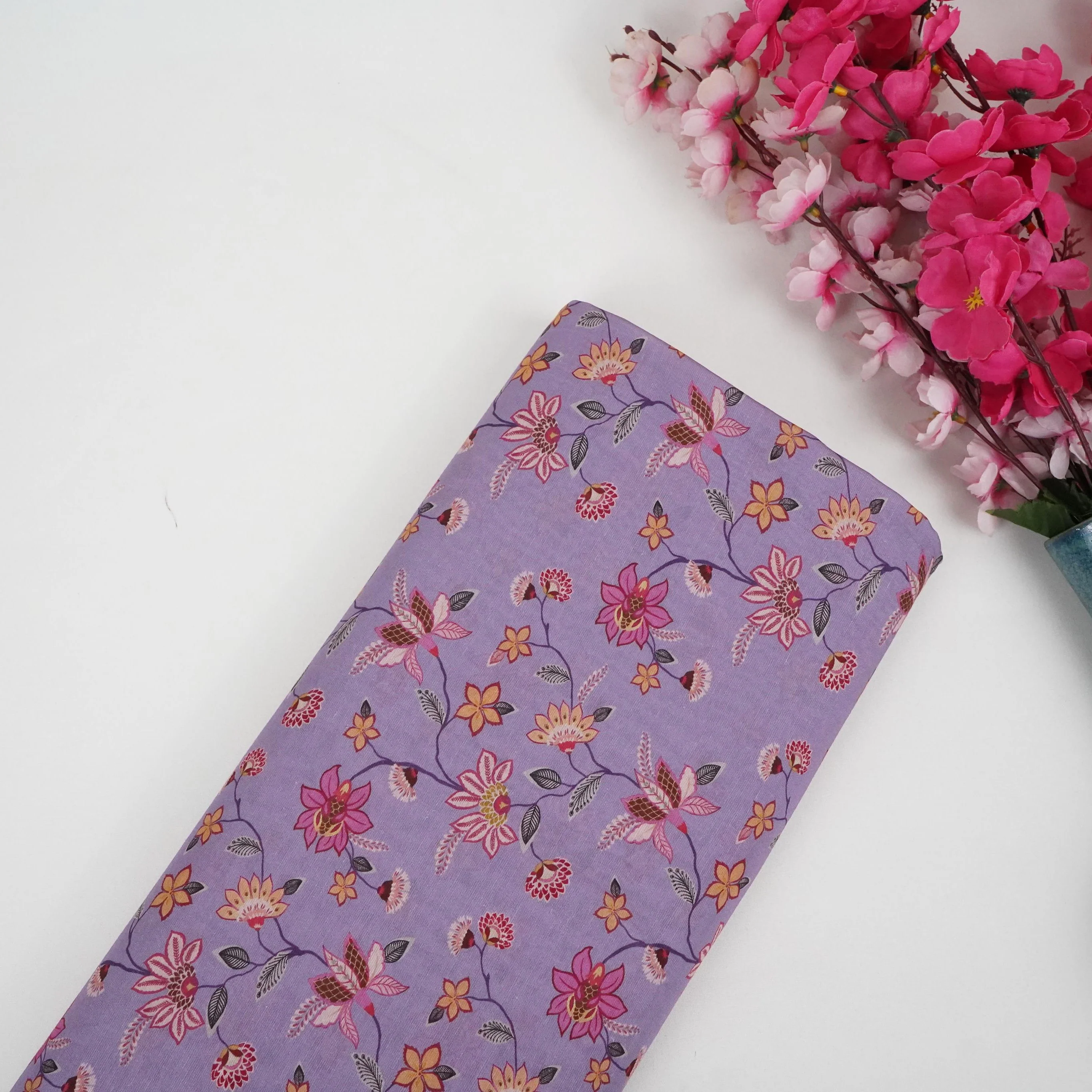 Lilac floral print Pure Linen Fabric GTS-31336