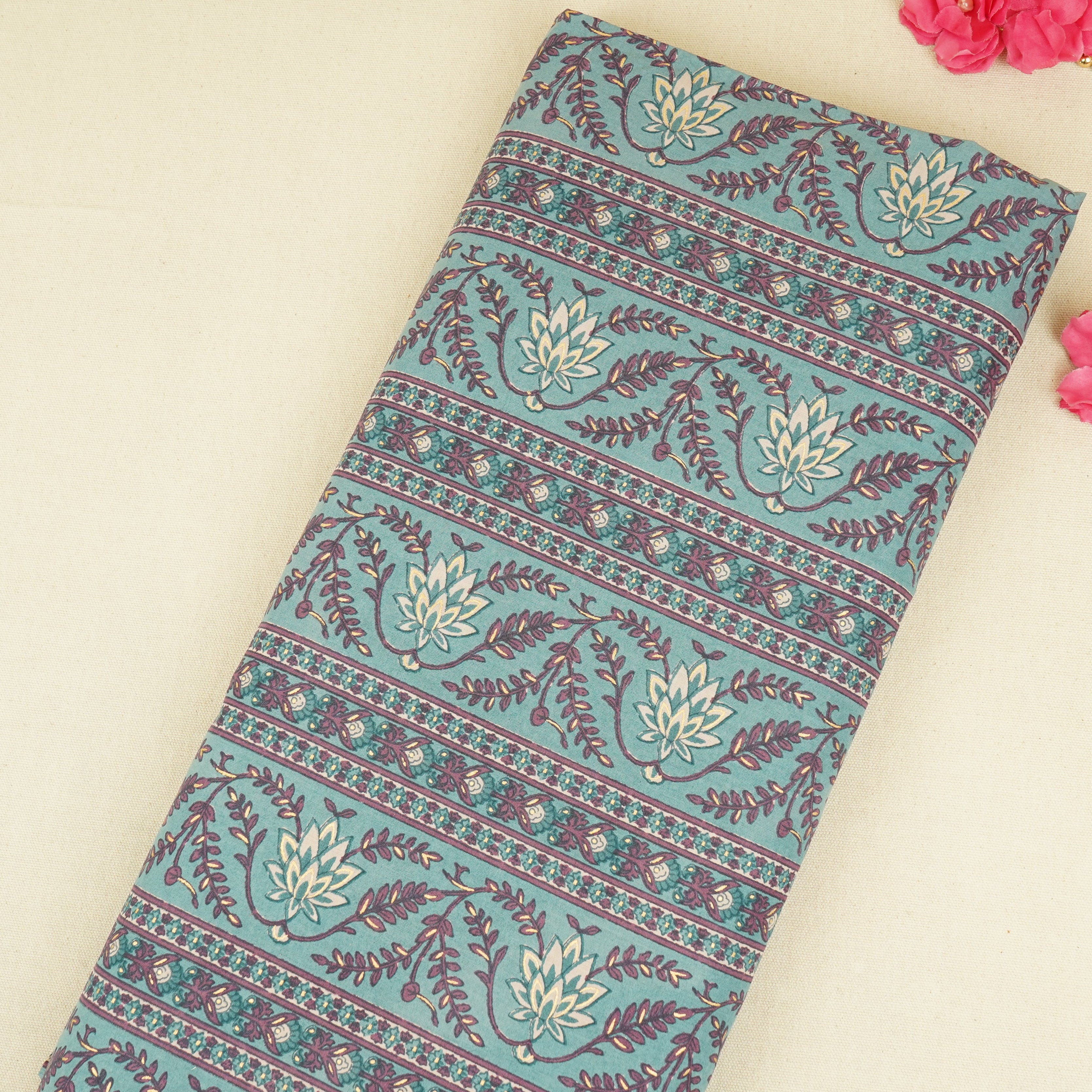 Lilac Floral Stripes Foil Print Cotton Fabric PB-29707