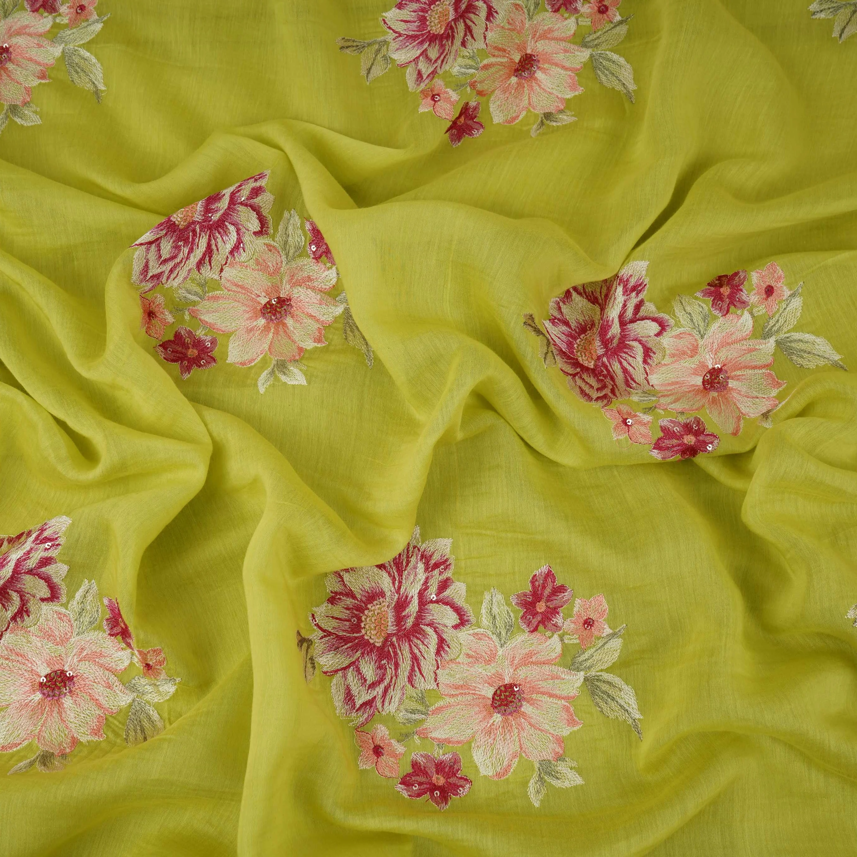 Lime Green Floral Thread Embroidery Malai Chanderi Fabric SNTF-32430 - Image 3