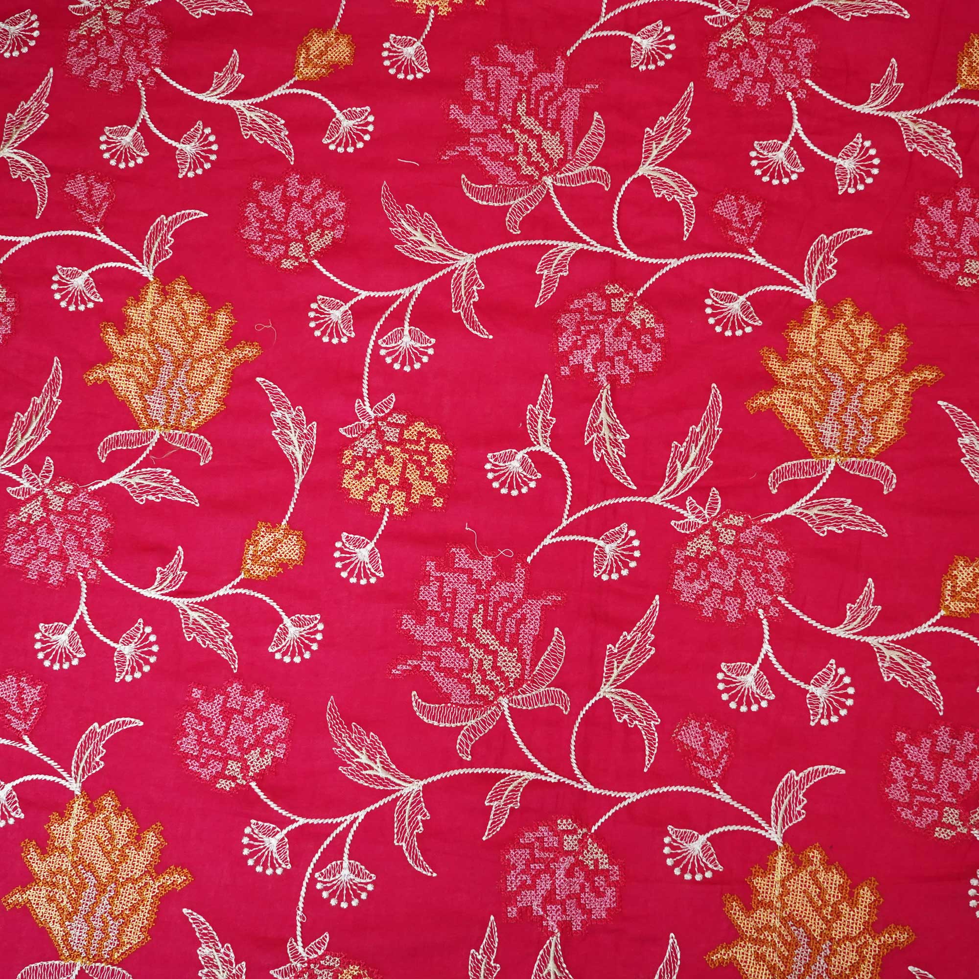 Magenta Cross Stitch Floral Thread Embroidery Mulmul Chanderi Fabric WI-24659 - Image 4