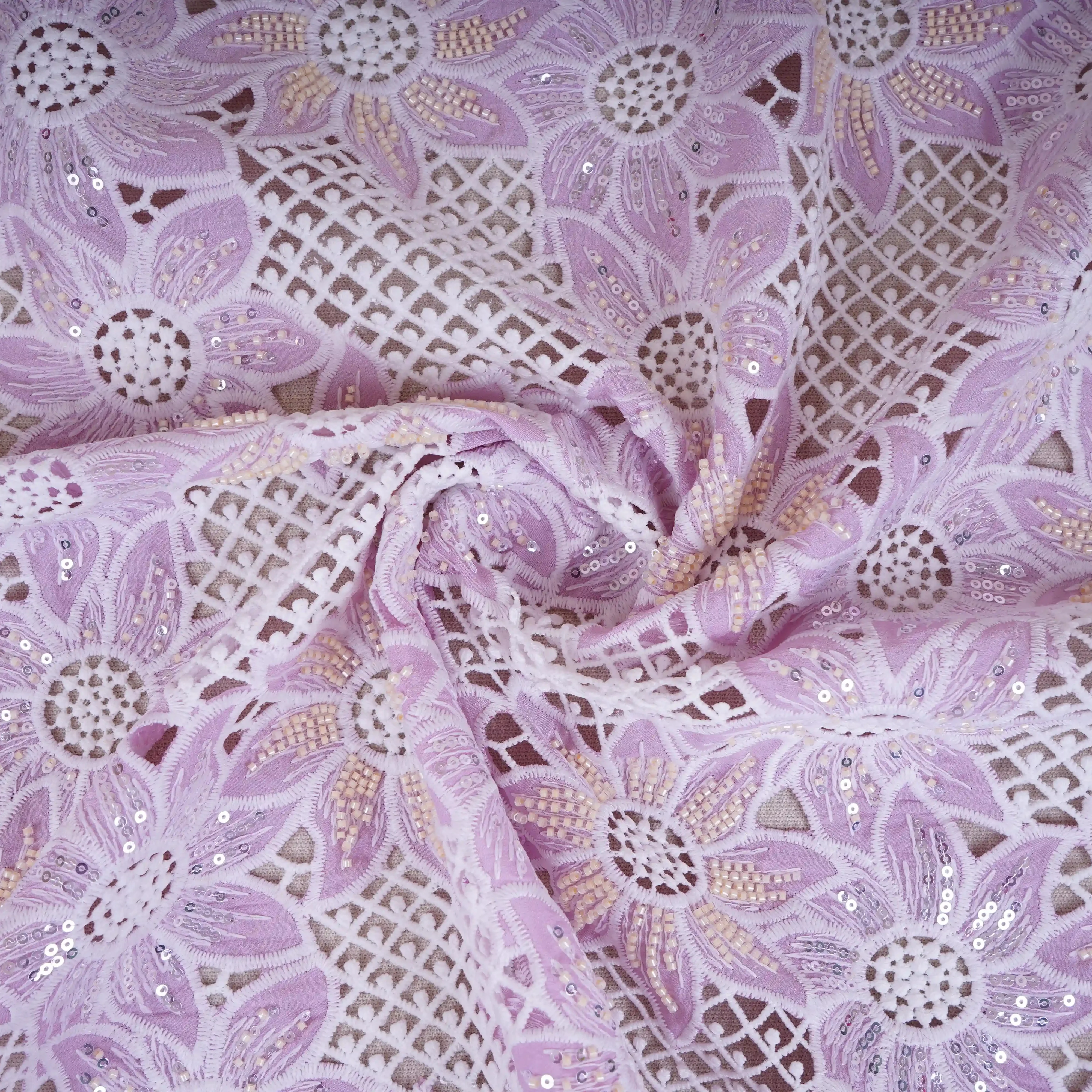 Magenta Pink Cutdana Floral Schiffli Embroidery Crepe Fabric DVT-30570 - Image 4