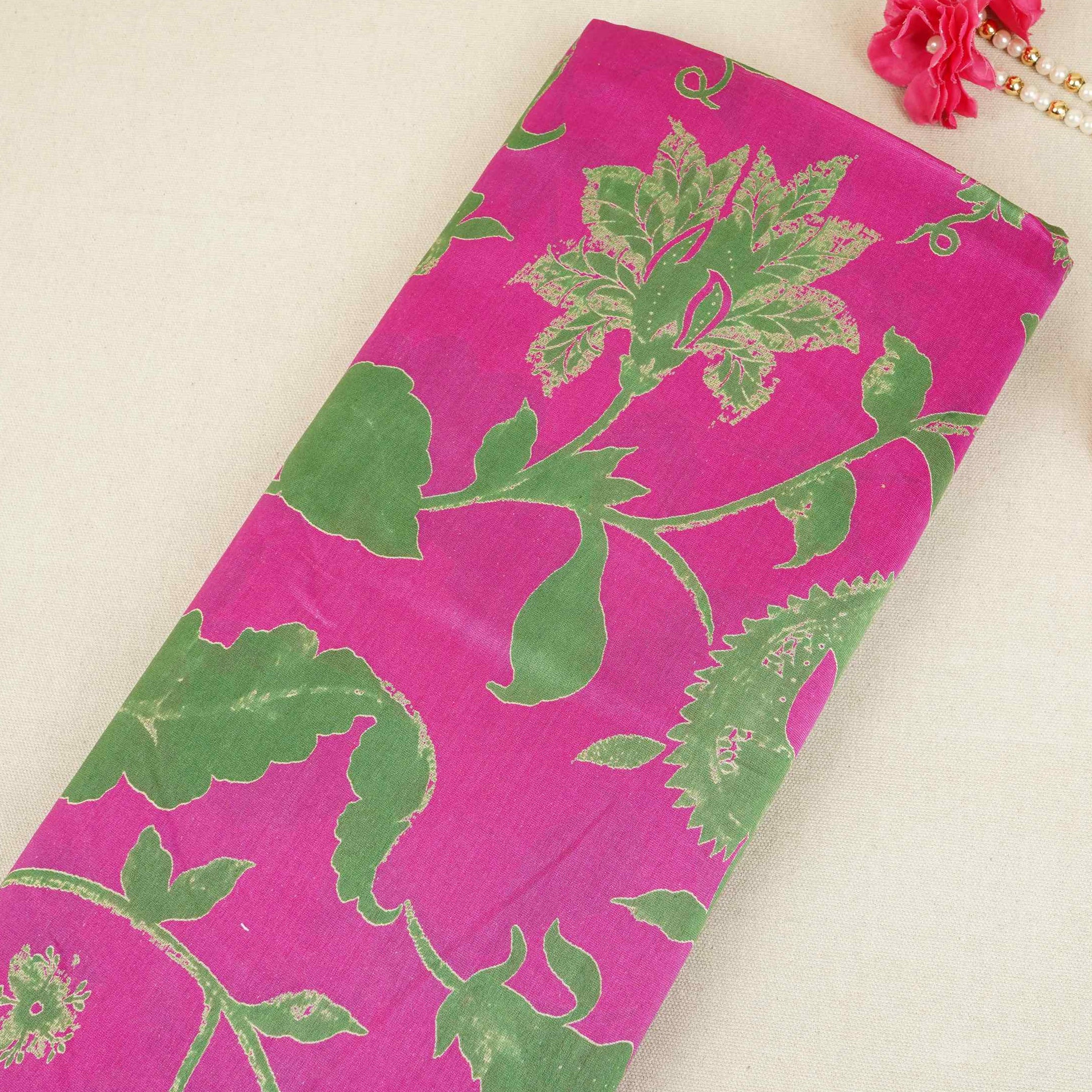 Magenta Pink Floral Print Pure 70gm Chanderi Fabric SN-30523