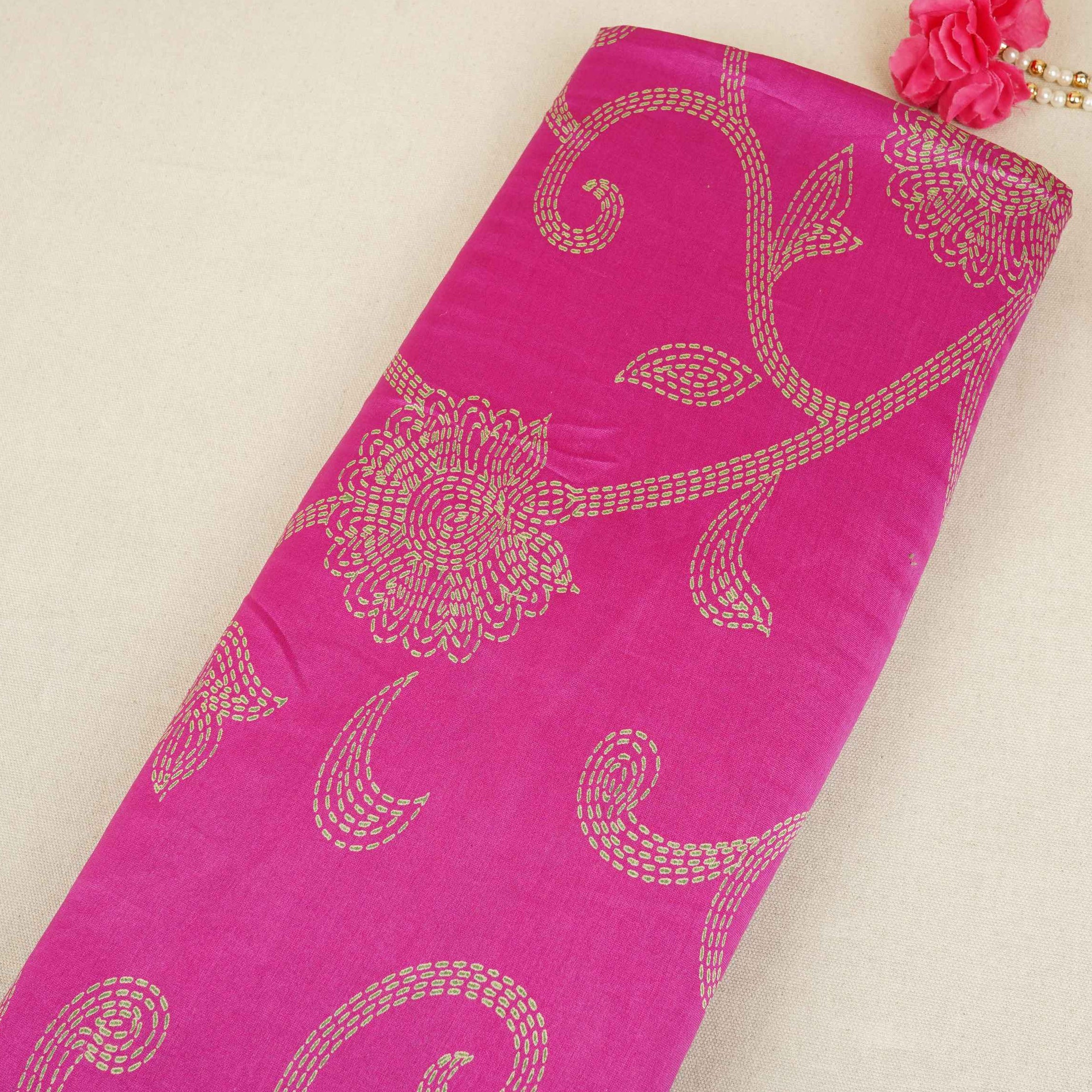 Magenta Pink Floral Print Pure 70gm Chanderi Fabric SN-30525