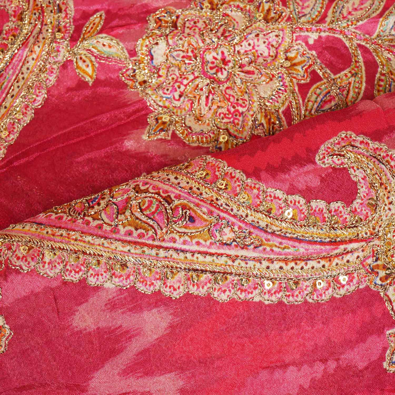 Magenta Pink Position Print Zari Embroidery Chinnon Fabric NF-28014 - Image 3
