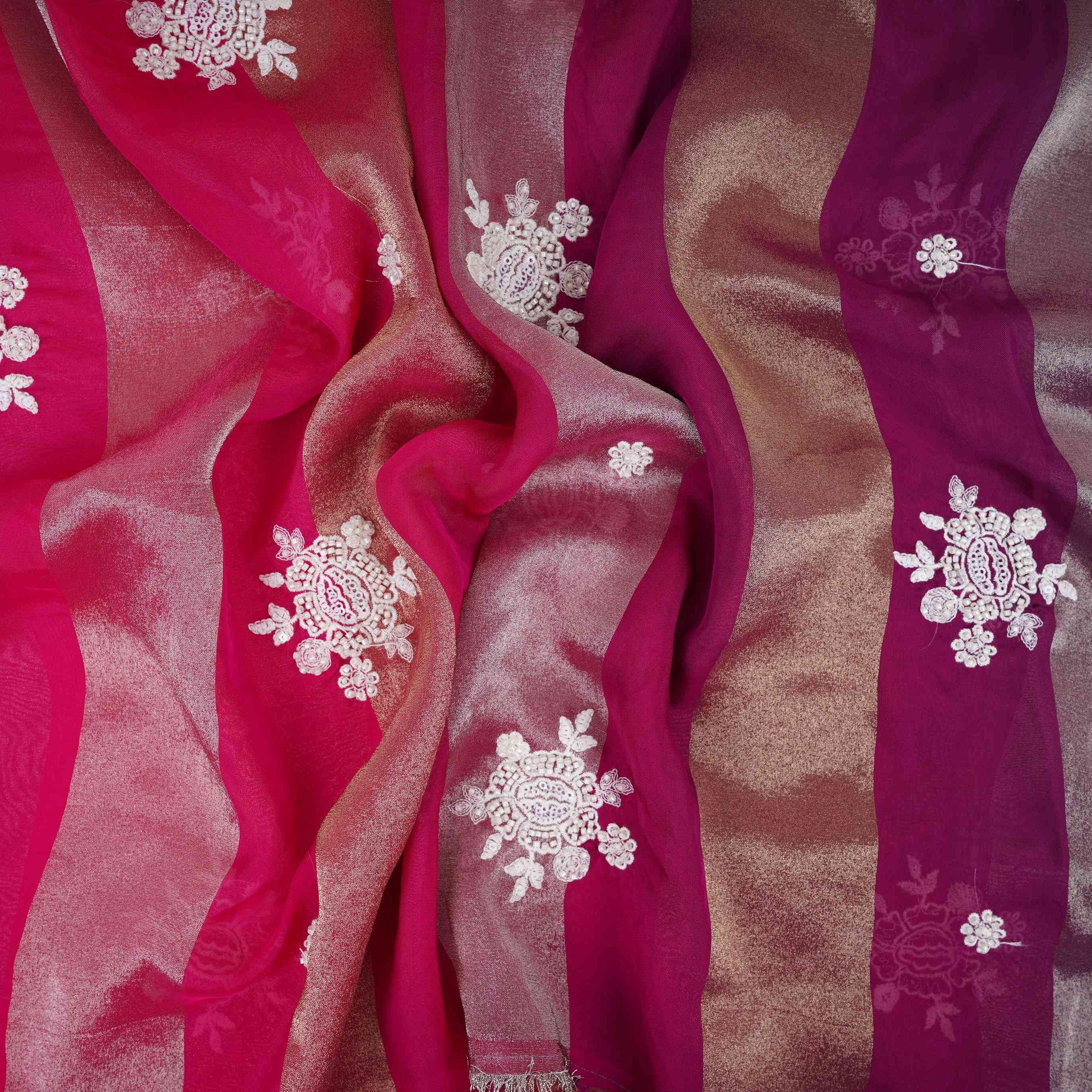 Magenta Pink Stripes thread cutdana embroidery Isha Silk Fabric VFS-31682 - Image 3