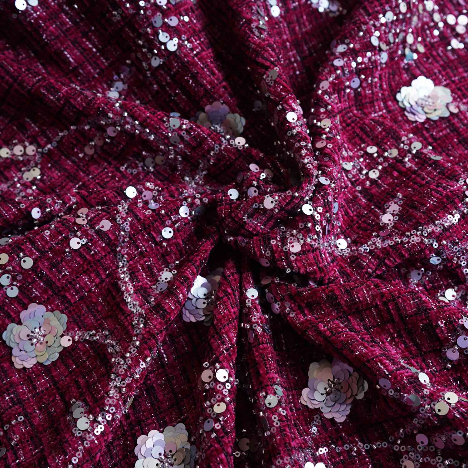 Maroon Floral Embroidery Tweed Fabric PDM-28940 - Image 3