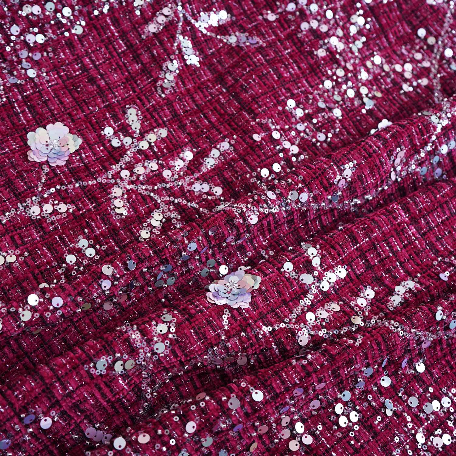 Maroon Floral Embroidery Tweed Fabric PDM-28940 - Image 4