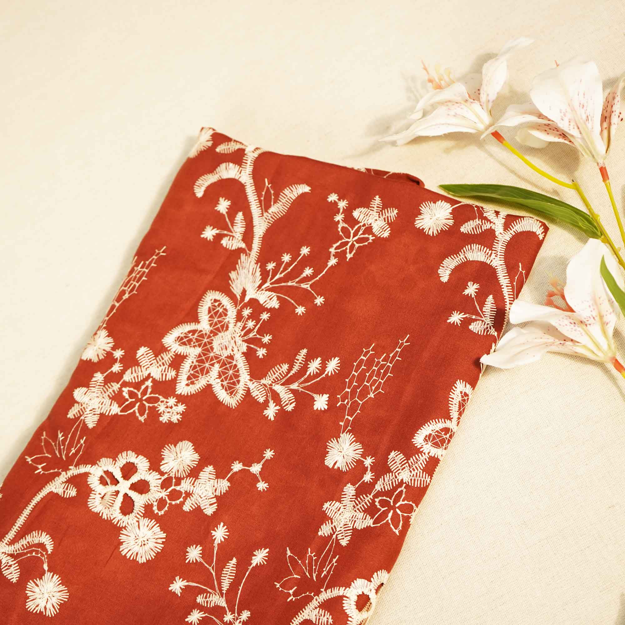Maroon Floral Hakoba Embroidery Cotton Fabric CF-26526