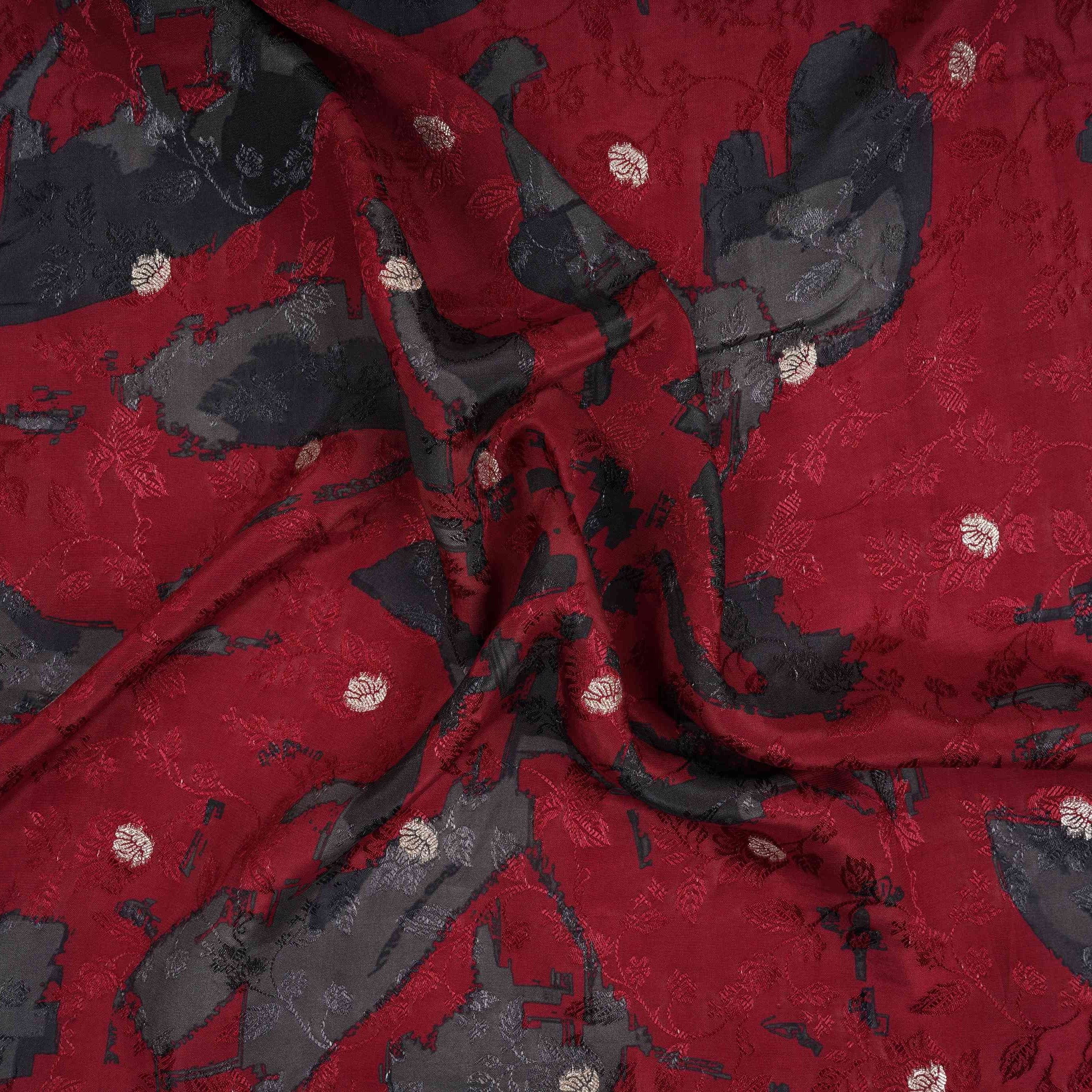 Maroon floral Jari Jacquard Pure Bemberg Crepe Fabric MTFG-31098 - Image 4