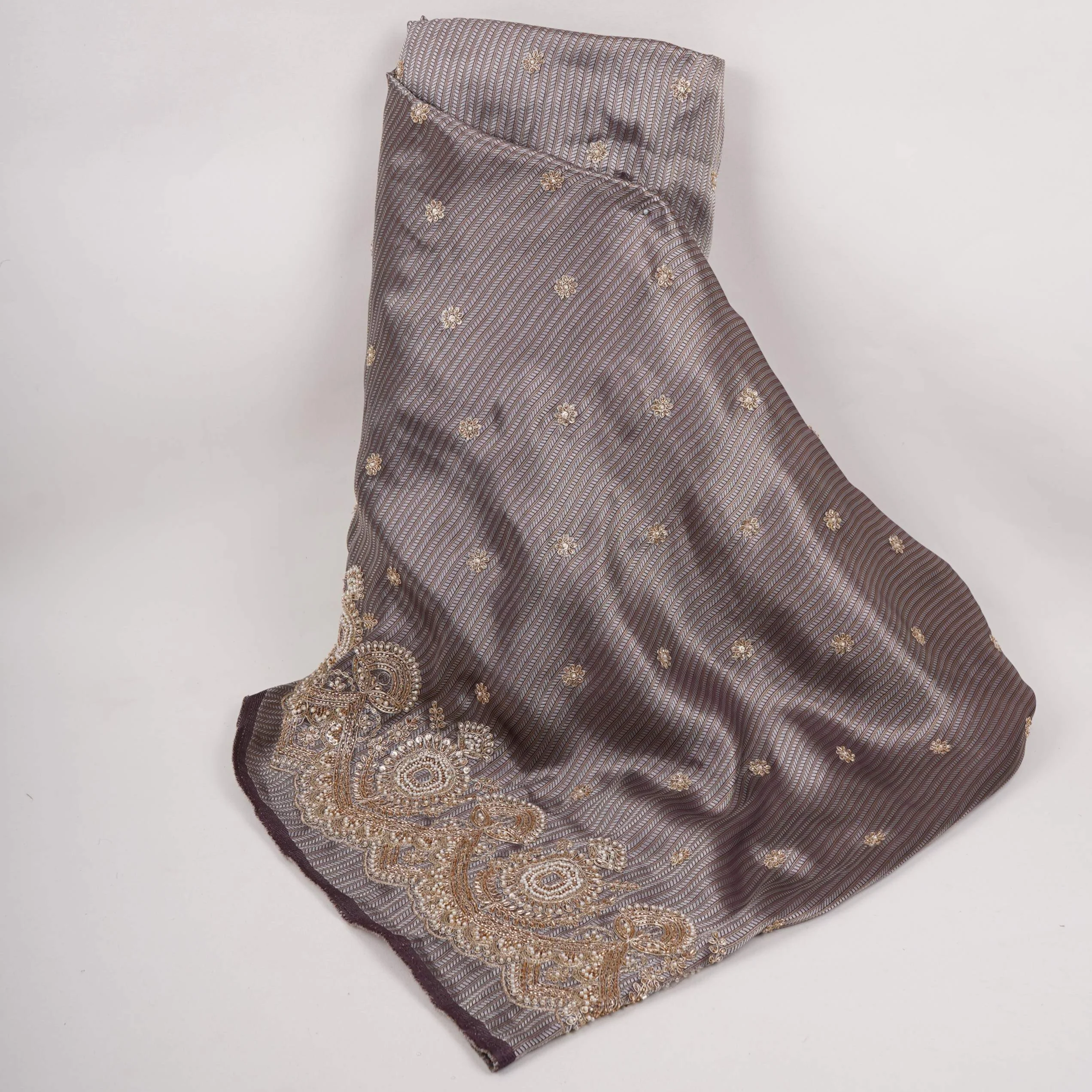 Mauve Grey with Silver Zari Stripes Border Cutdana embroidery Jacquard Fabric TF-32241