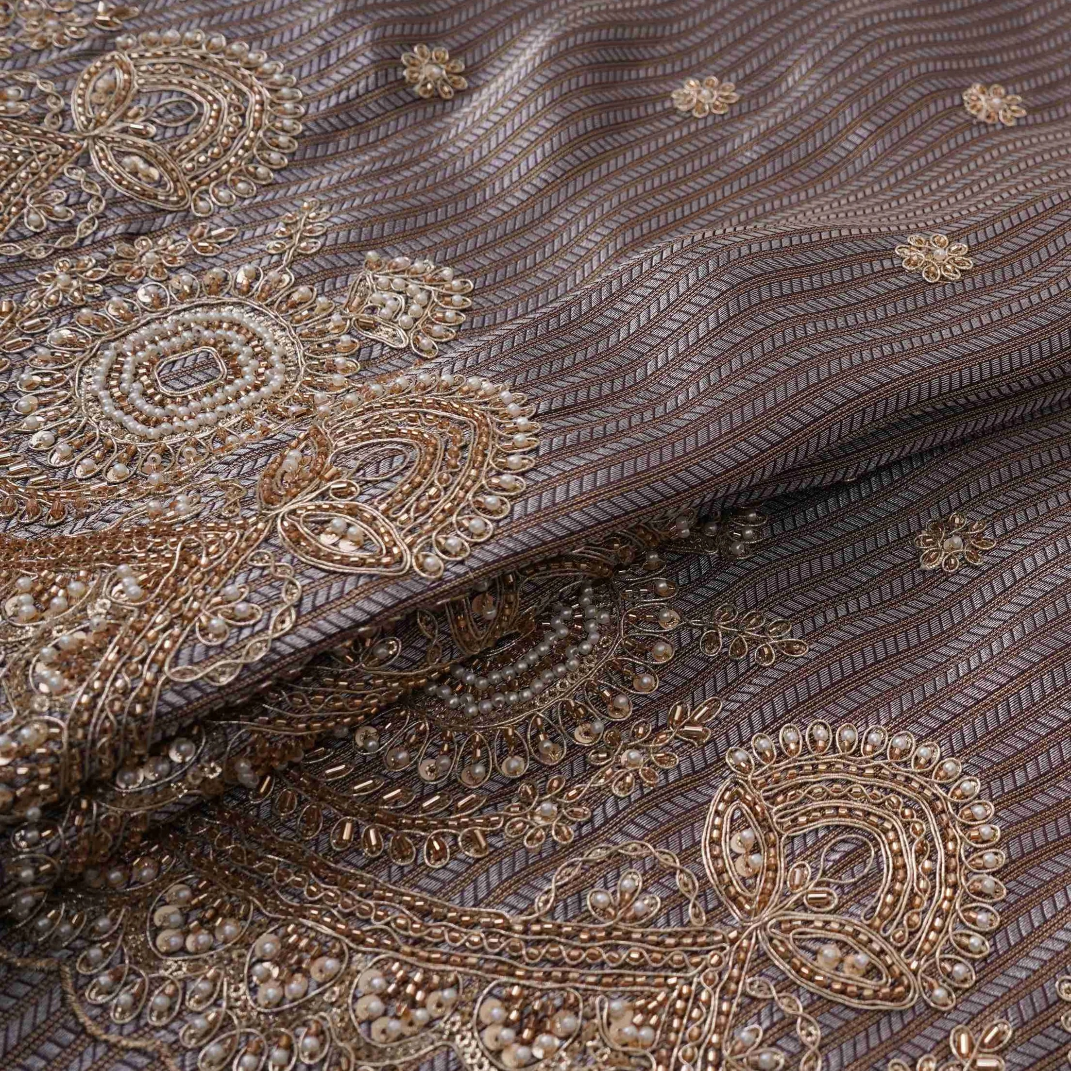 Mauve Grey with Silver Zari Stripes Border Cutdana embroidery Jacquard Fabric TF-32241 - Image 5