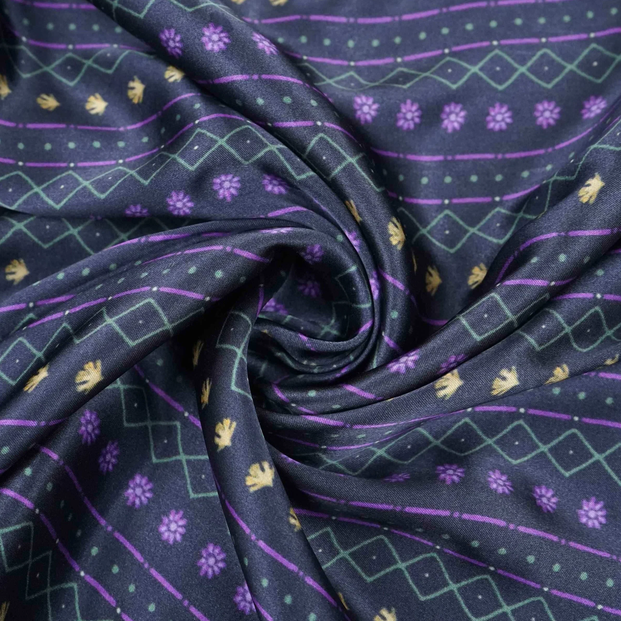 Midnight Navy Geometrical stripes Bemberg Modal Silk Fabric KTP-31398 - Image 5