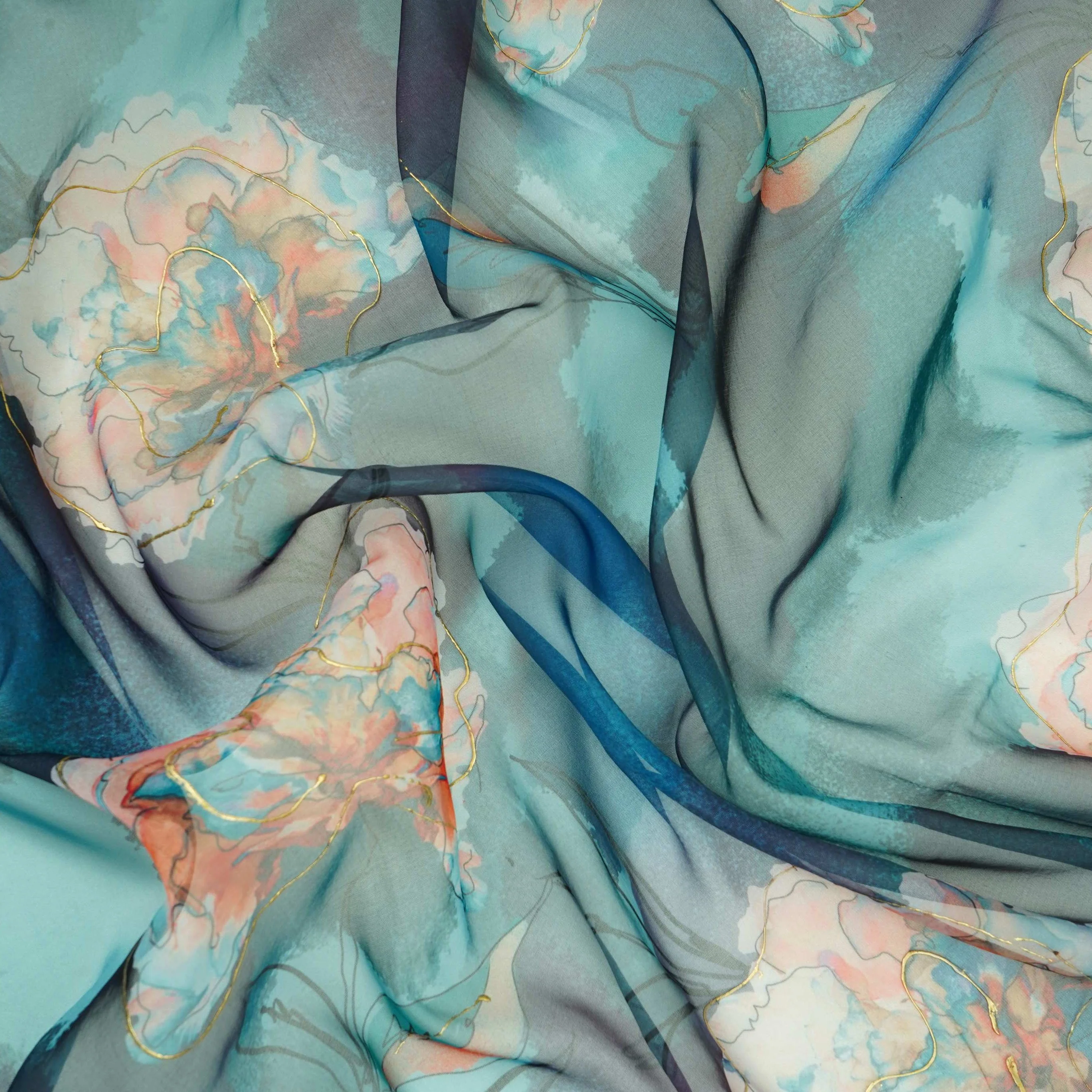 Midnight Teal Zari floral Organza Fabric MTFG-31106 - Image 3