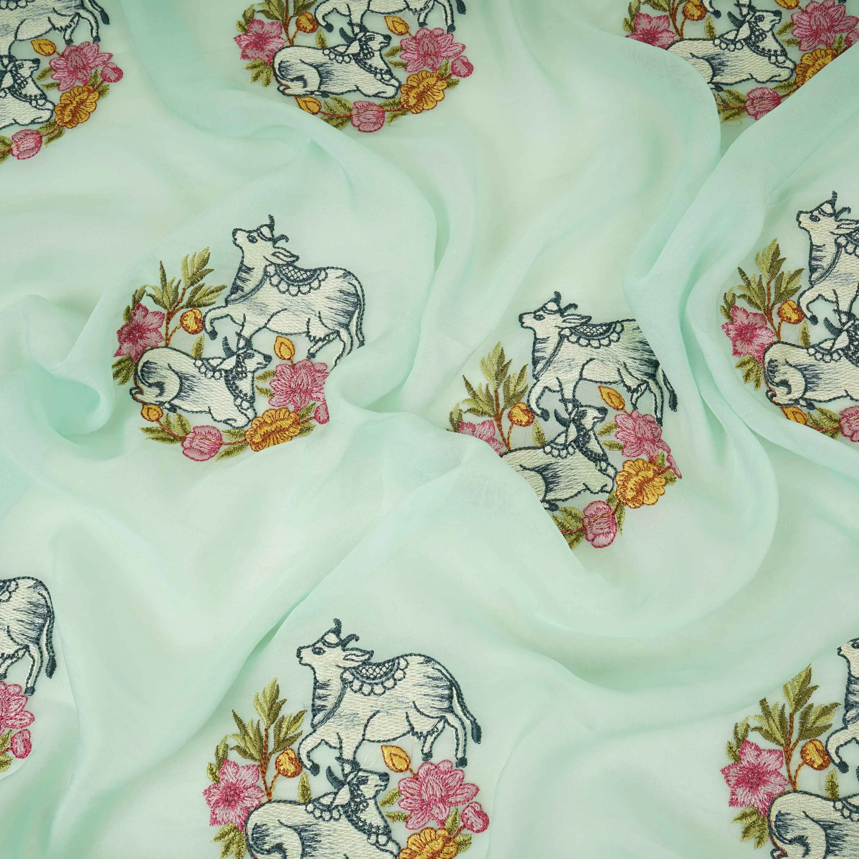 Mint Blue Pichwai embroidery Organza Fabric VFS-31538 - Image 3