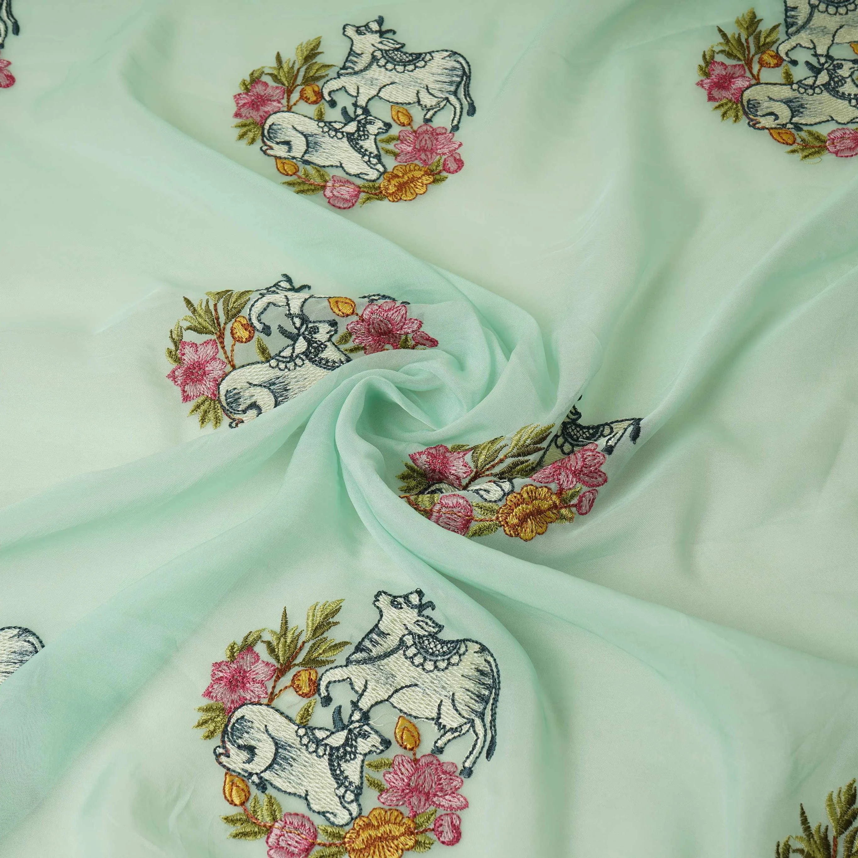 Mint Blue Pichwai embroidery Organza Fabric VFS-31538 - Image 4
