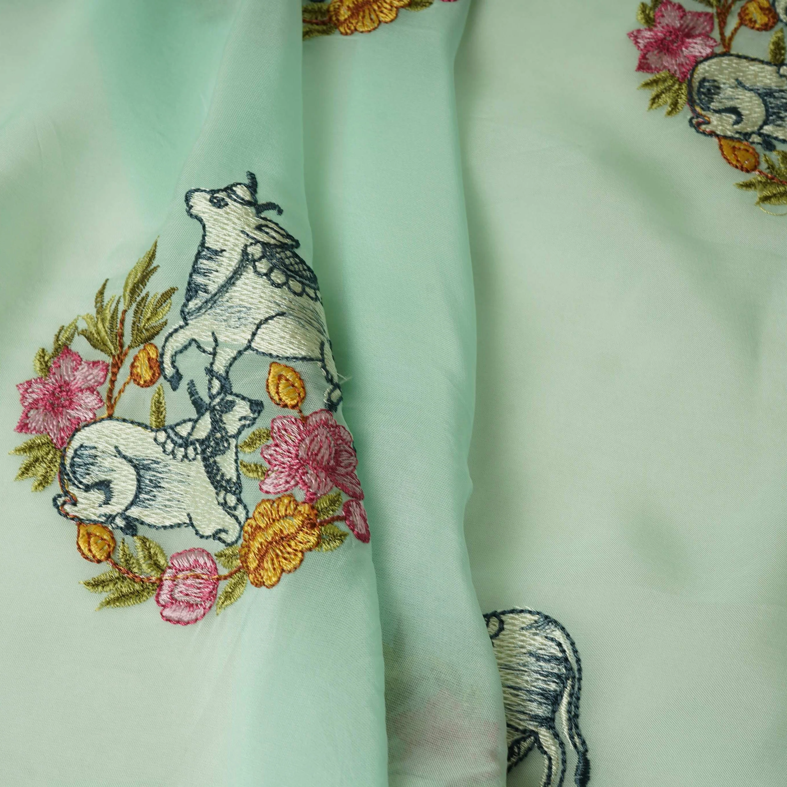 Mint Blue Pichwai embroidery Organza Fabric VFS-31538 - Image 5