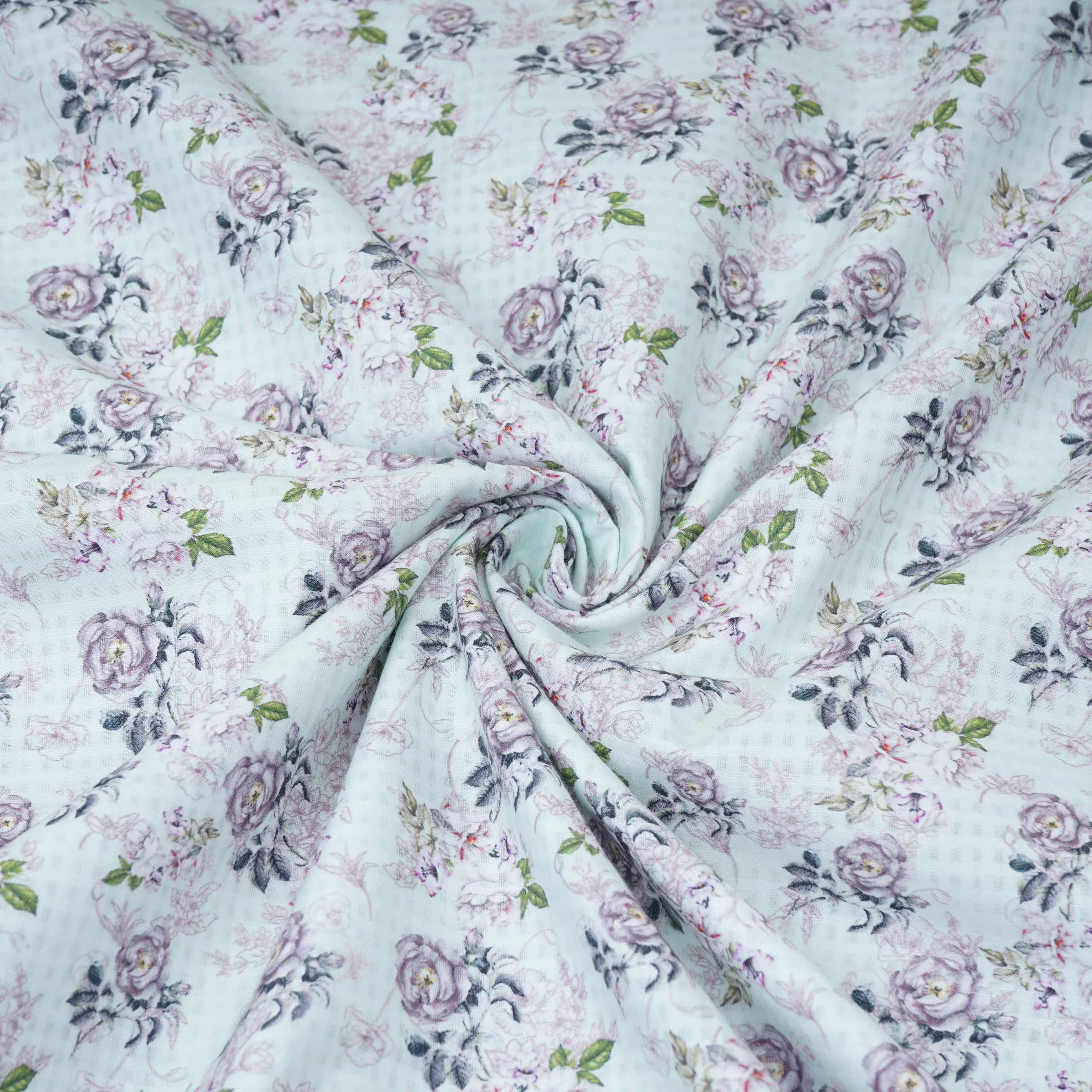 Mint Green floral print Cotton Check Fabric PI-31903 - Image 3