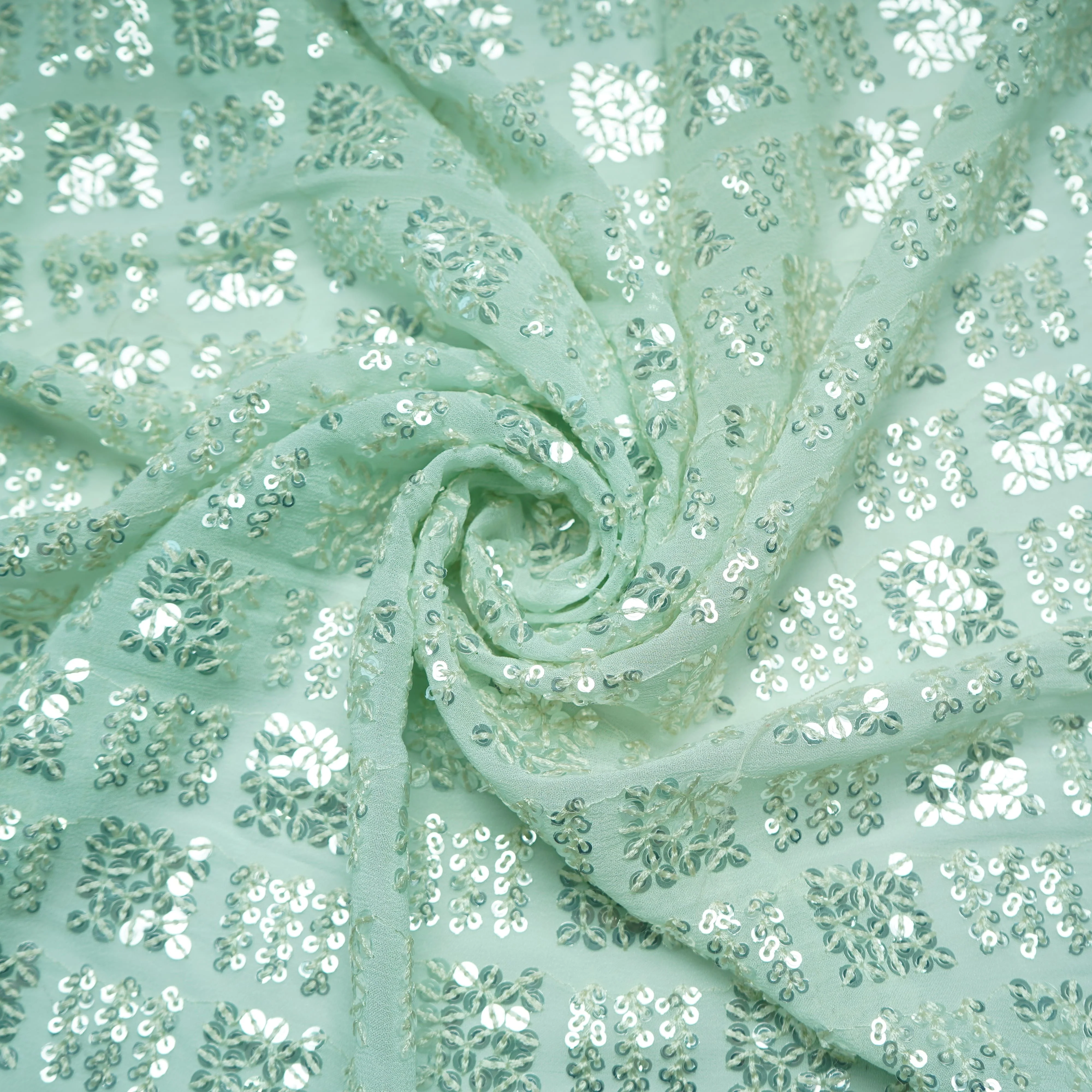 Mint Green Geometrical Sequence Embroidery Georgette Fabric 16213
