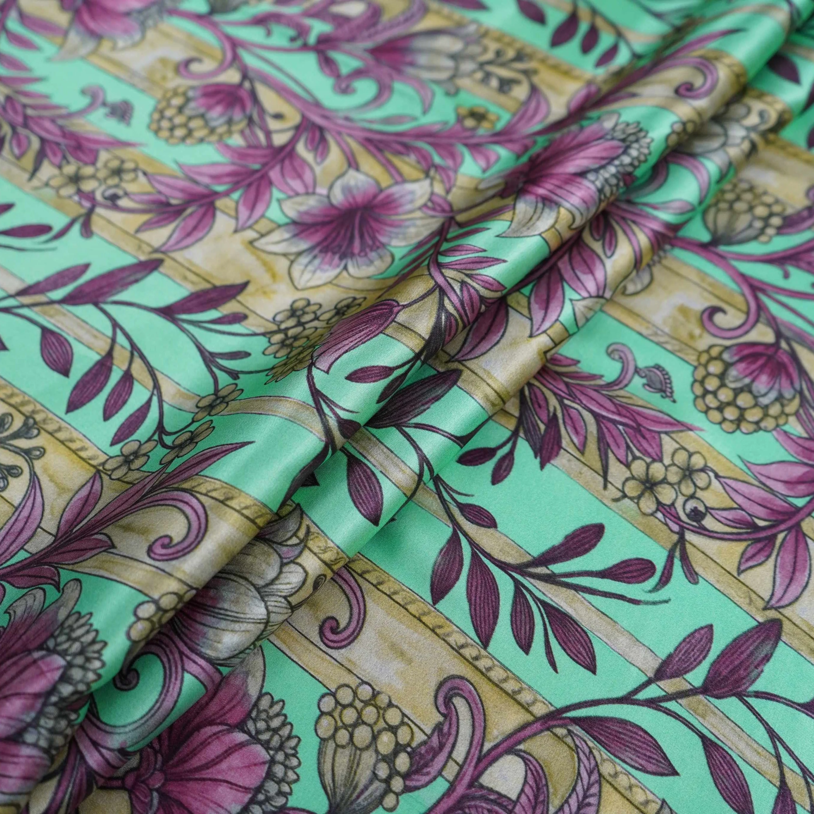 Mint Green Kalamkari Stripes print Bemberg Modal Silk Fabric KTP-31386 - Image 4