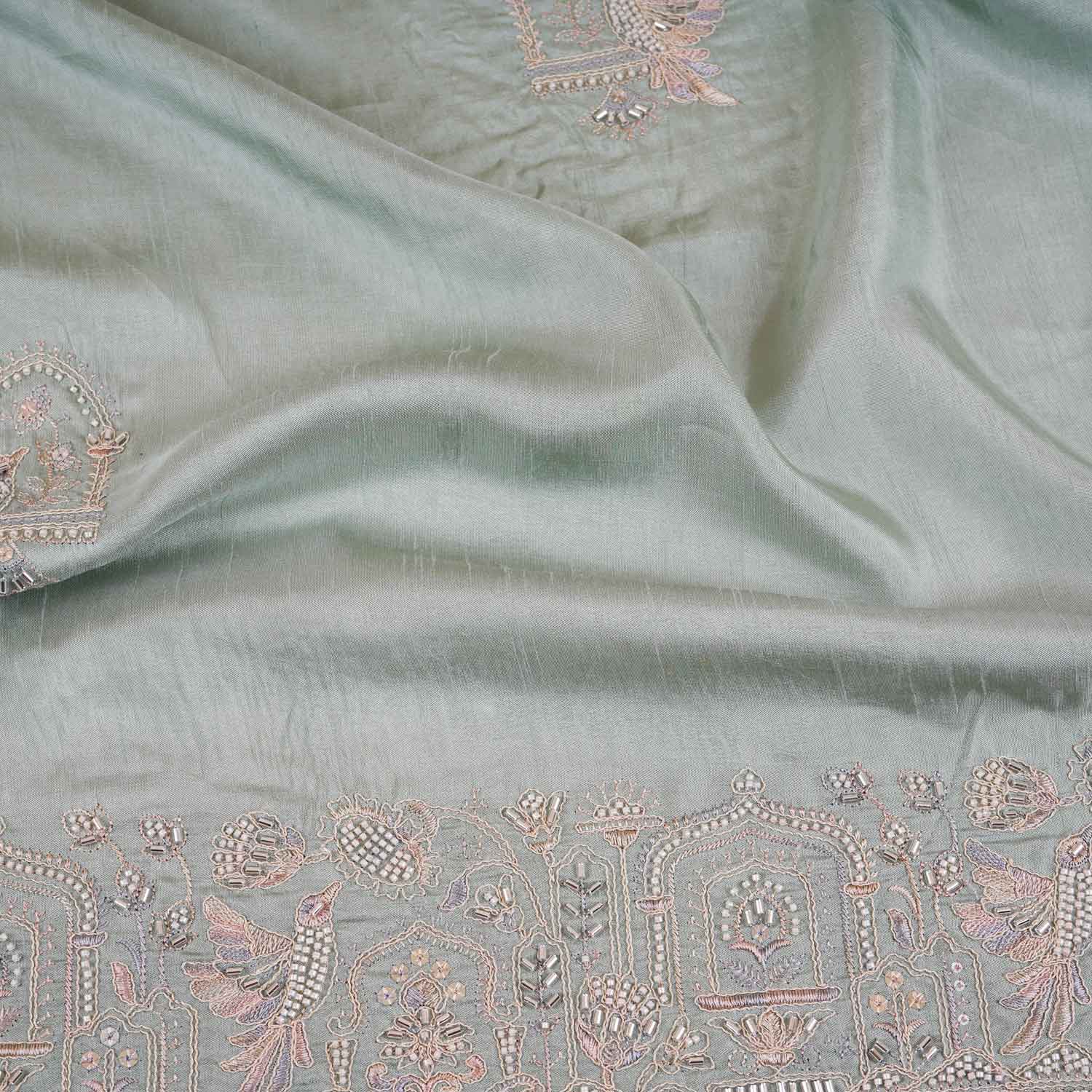 Mint Green Traditional Pearl Cutdana Dola Silk Fabric TA-28987 - Image 2