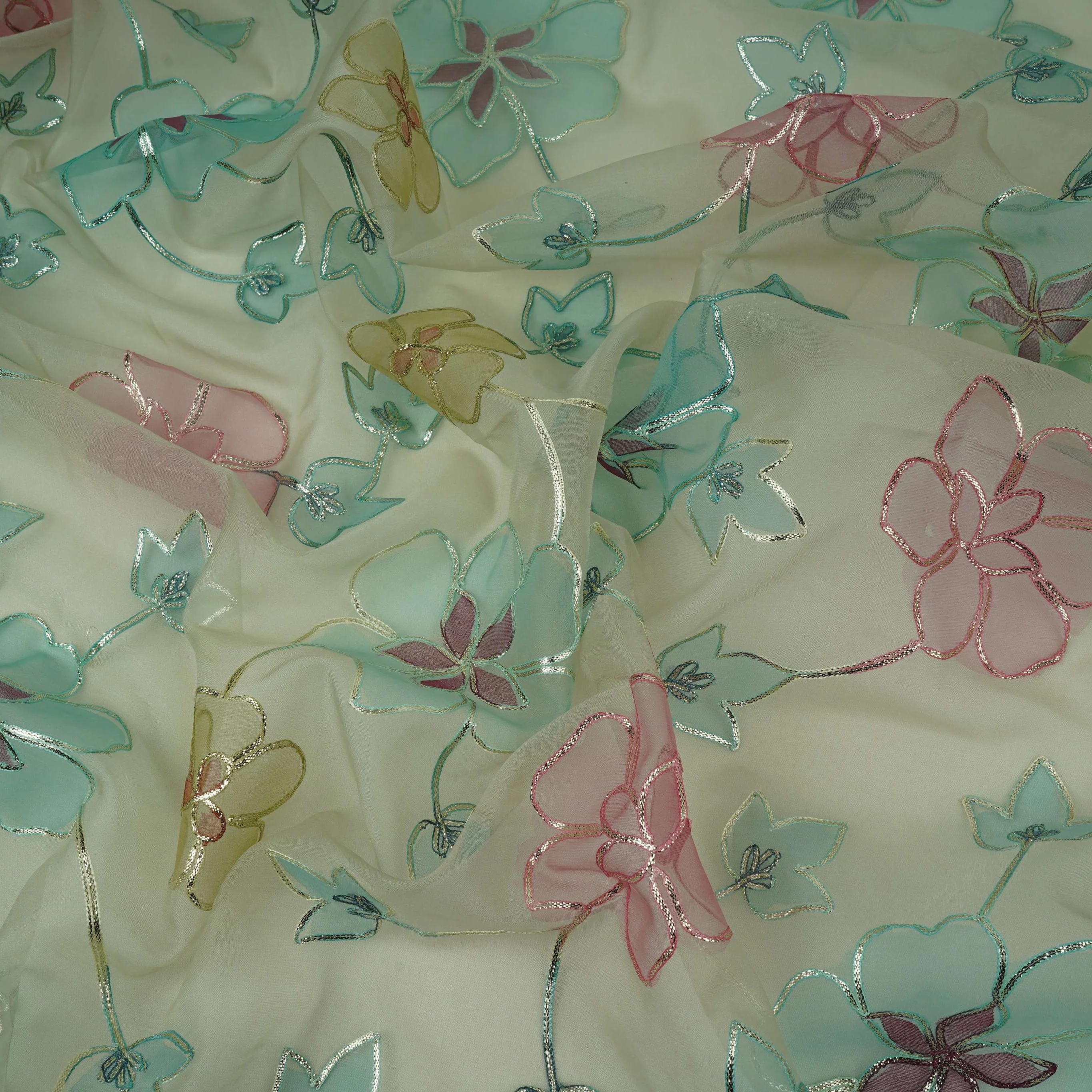 Mint Grey Applique Work Organza Fabric SGS-32111 - Image 3