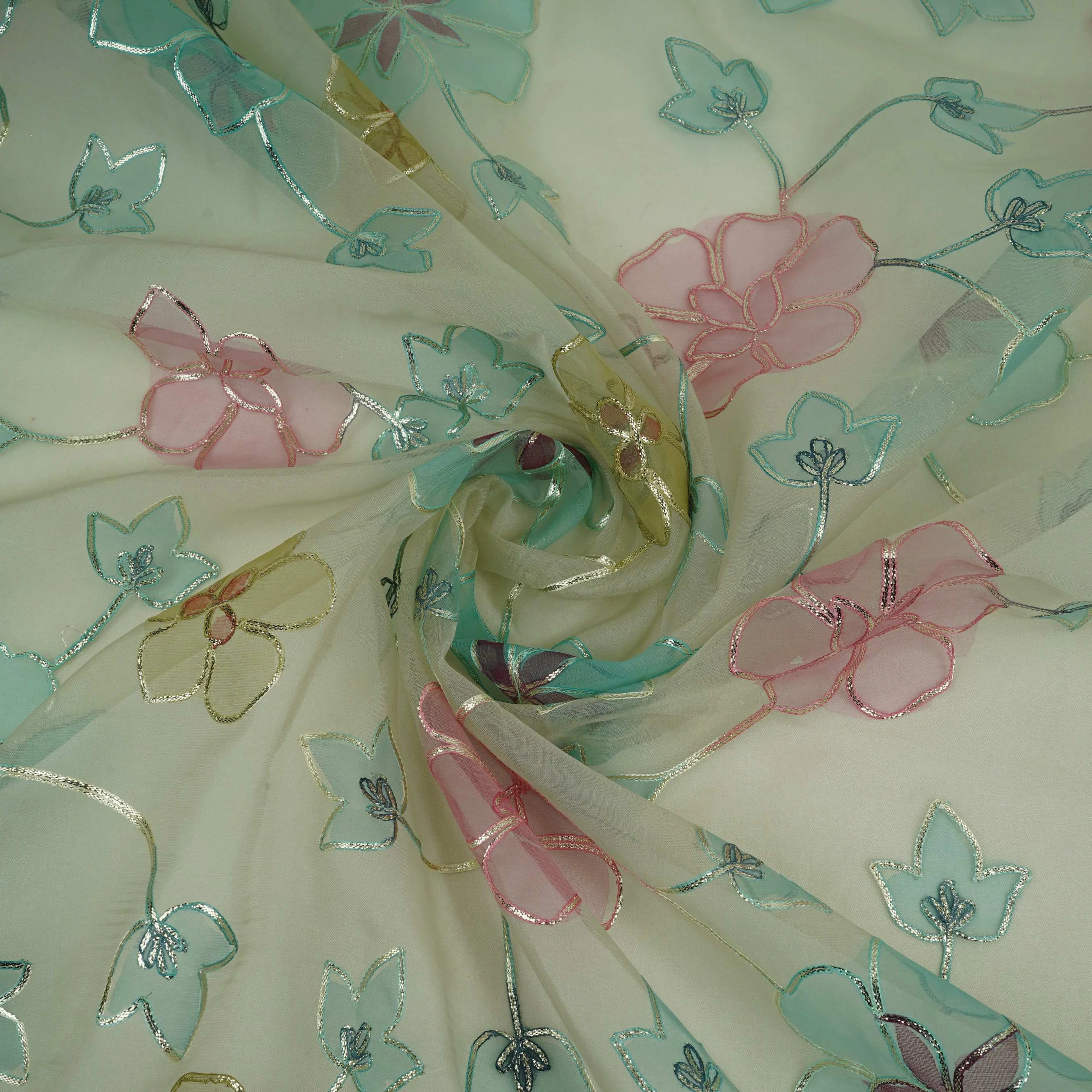 Mint Grey Applique Work Organza Fabric SGS-32111 - Image 4