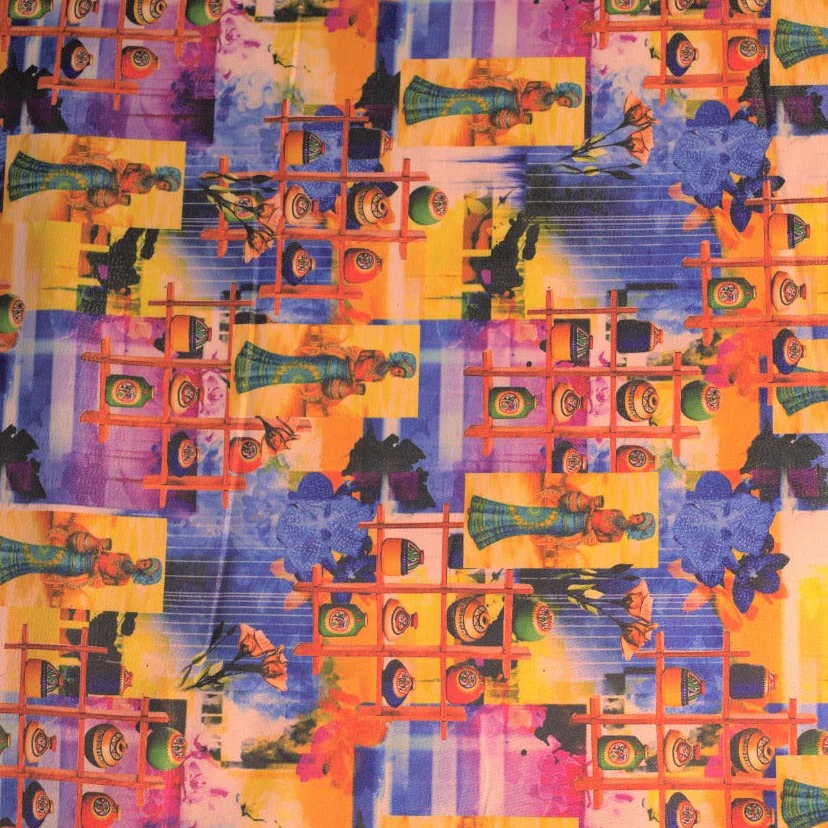 Multi Color Digital Print Golden Shimmer Satin Fabric - Image 3