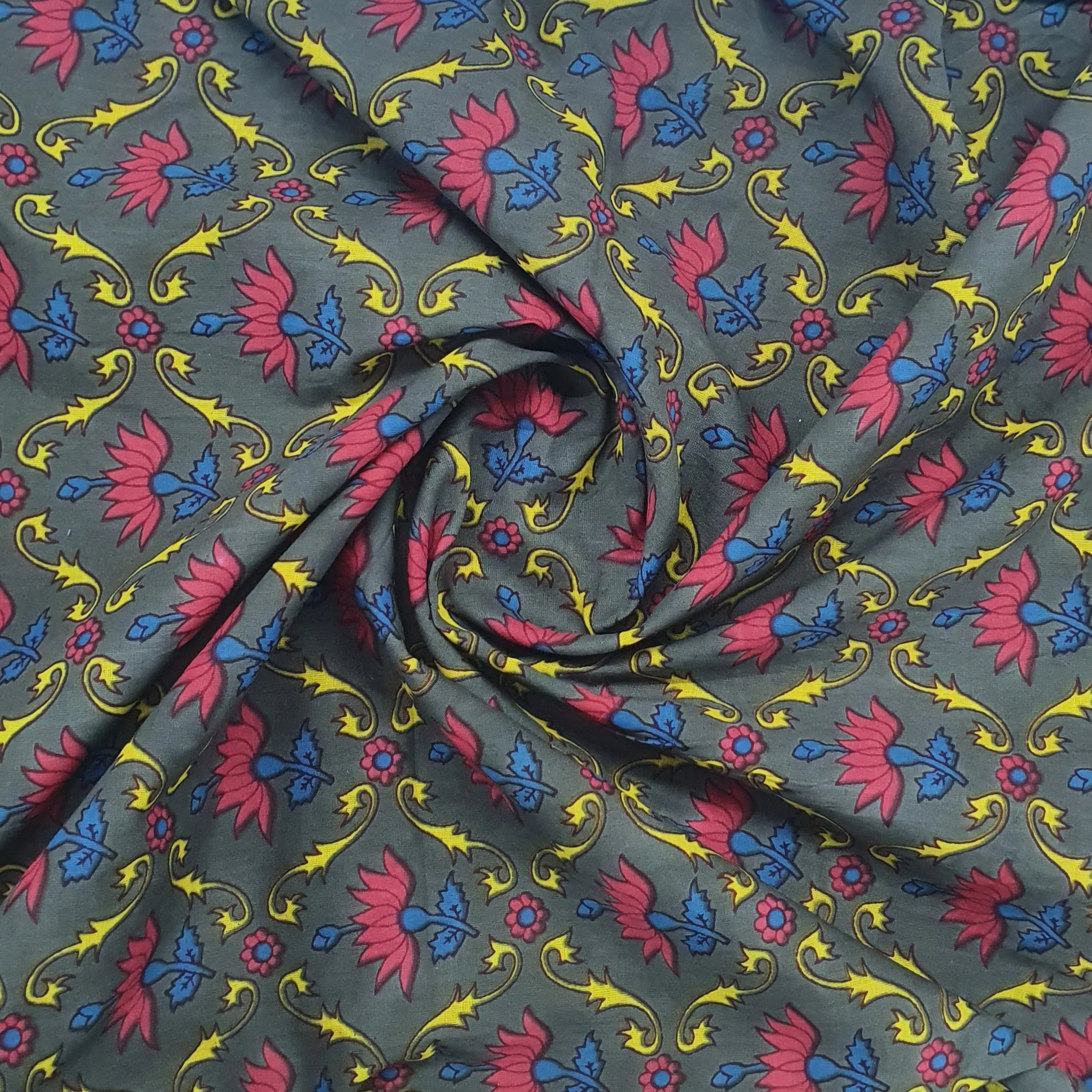 Grey & Pink Floral Print Cotton Fabric TU-5238