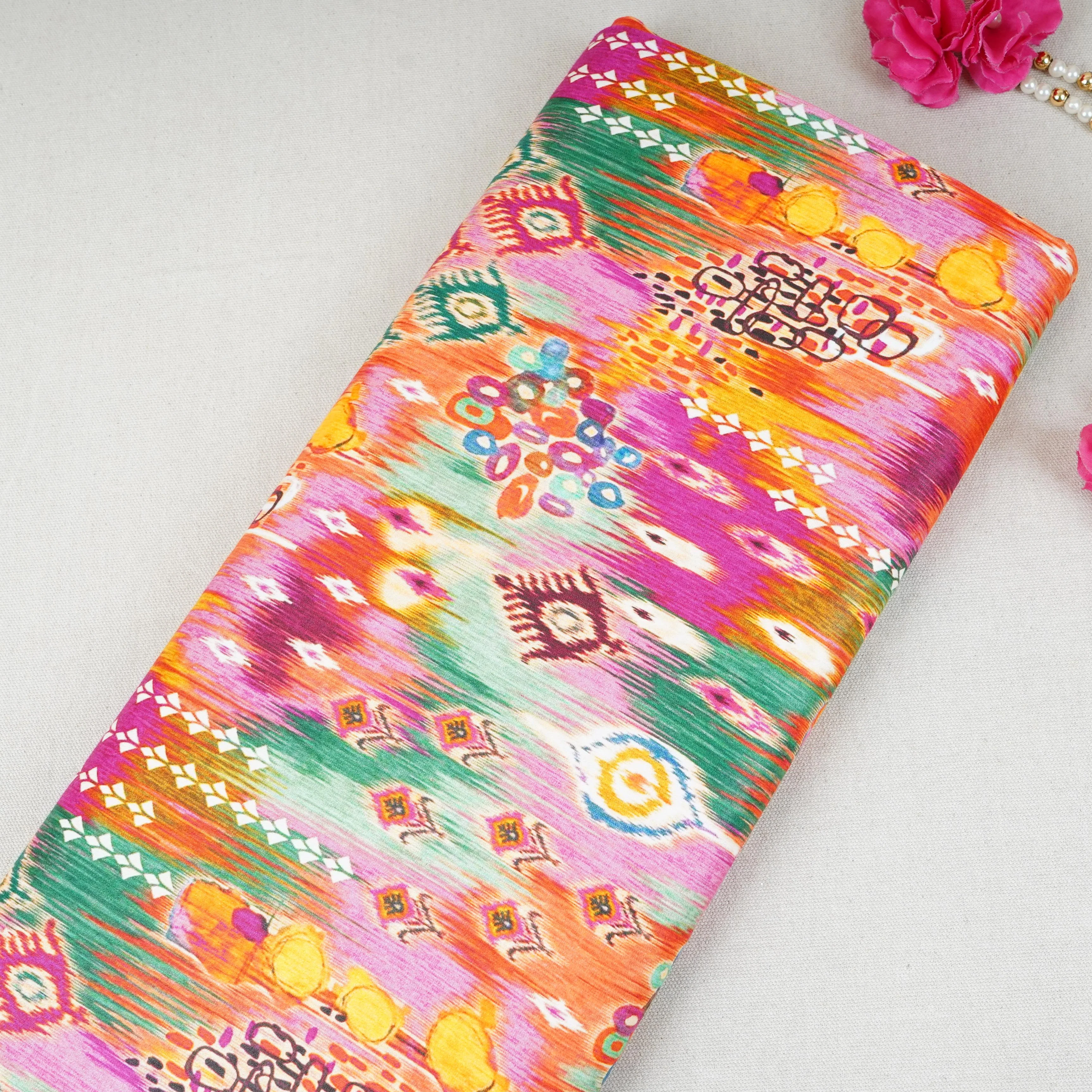 Multicolor Ikkat Print Cotton Satin Fabric PG-30436