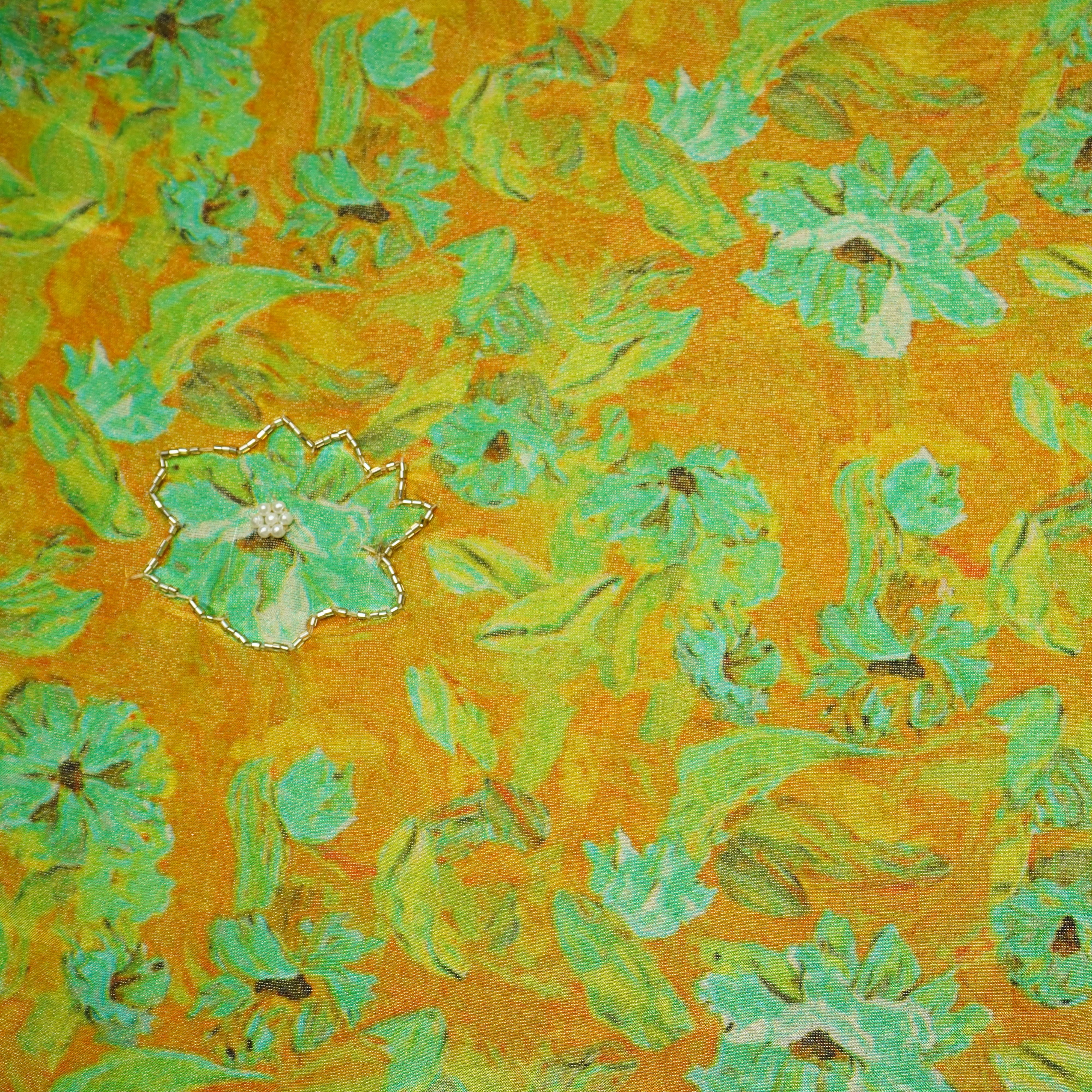 Mustard Cutdana & Pearl Floral Print Pure Tissue Fabric 21279 - Image 3