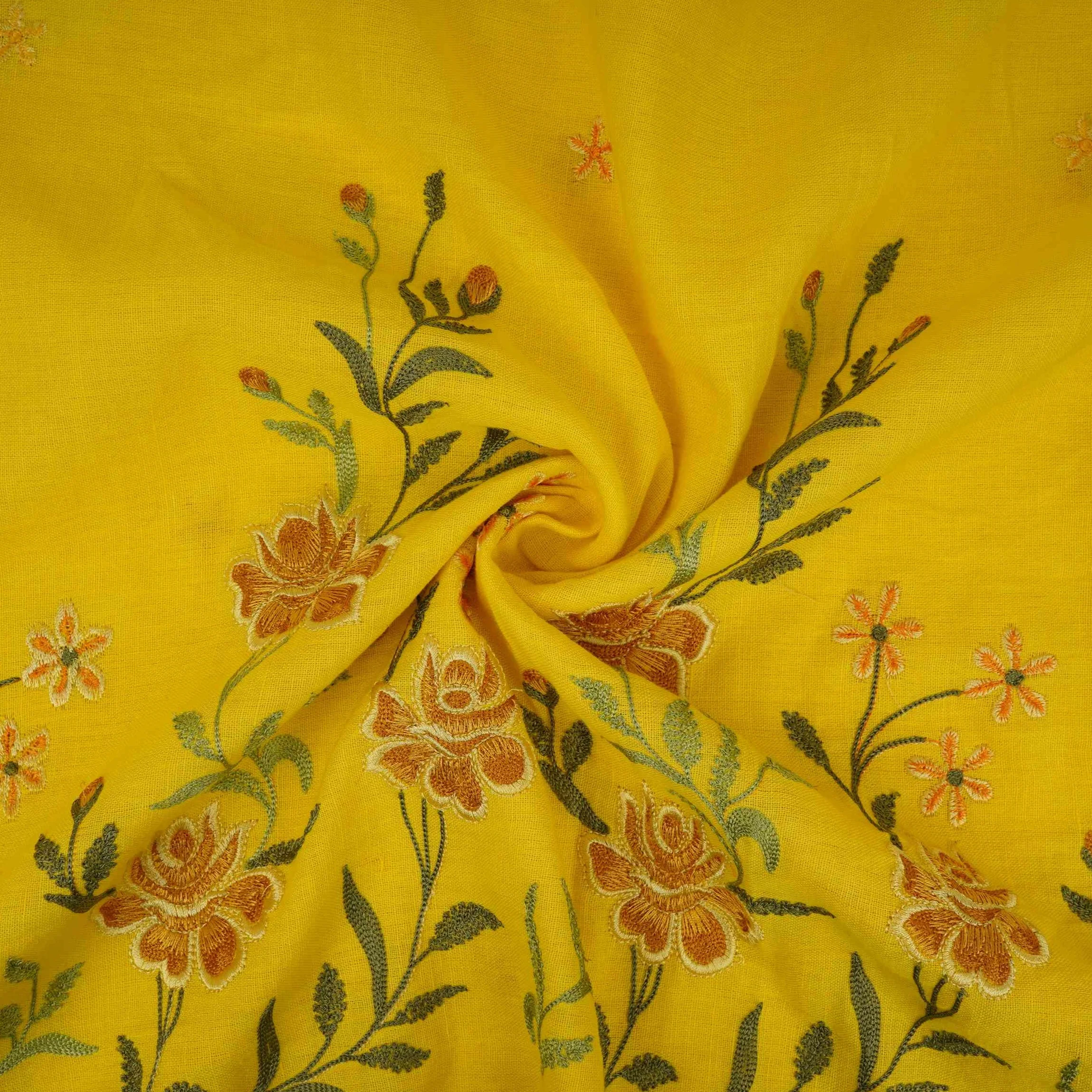 Mustard floral embroidery Cotton Linen Fabric GPF-32248 - Image 4
