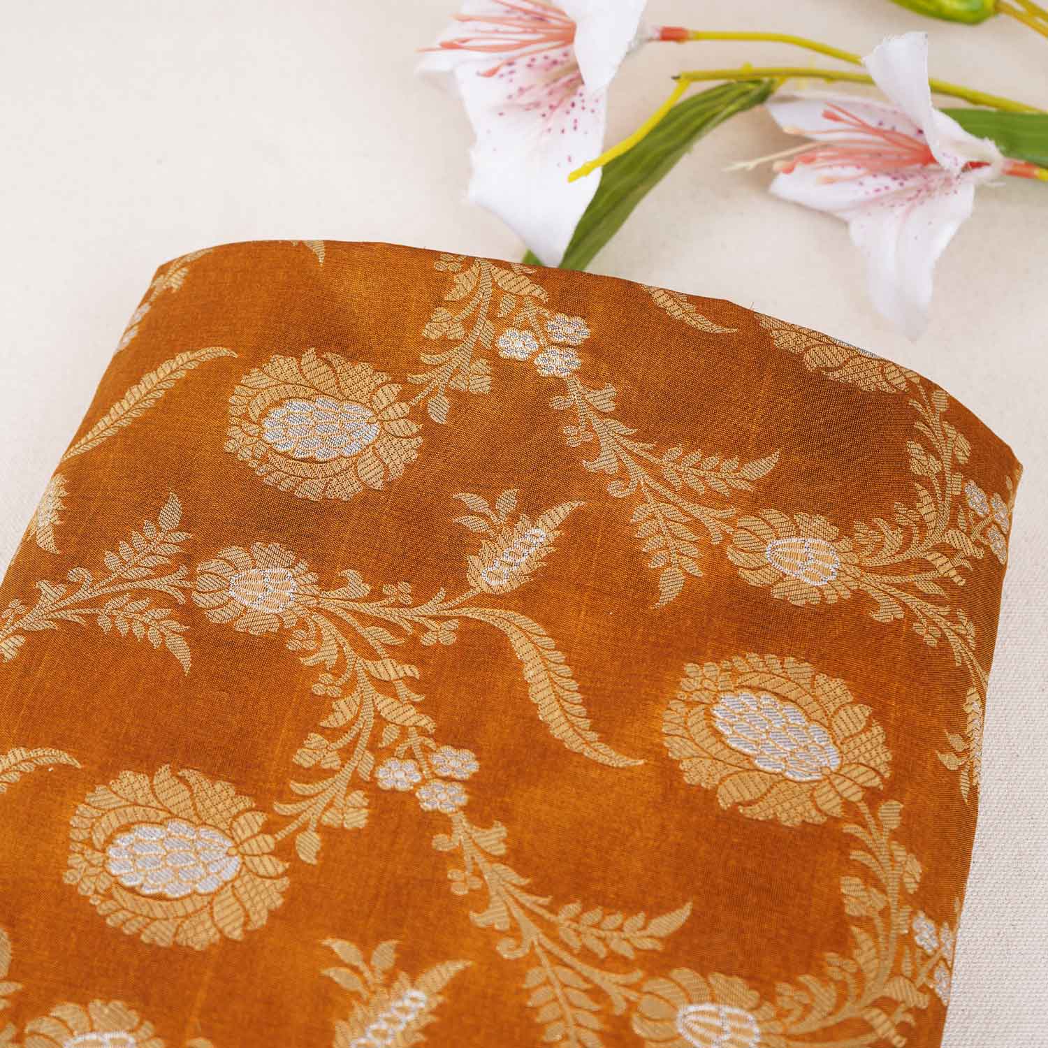 Mustard Floral Jaal Katan Silk Fabric NH-28899