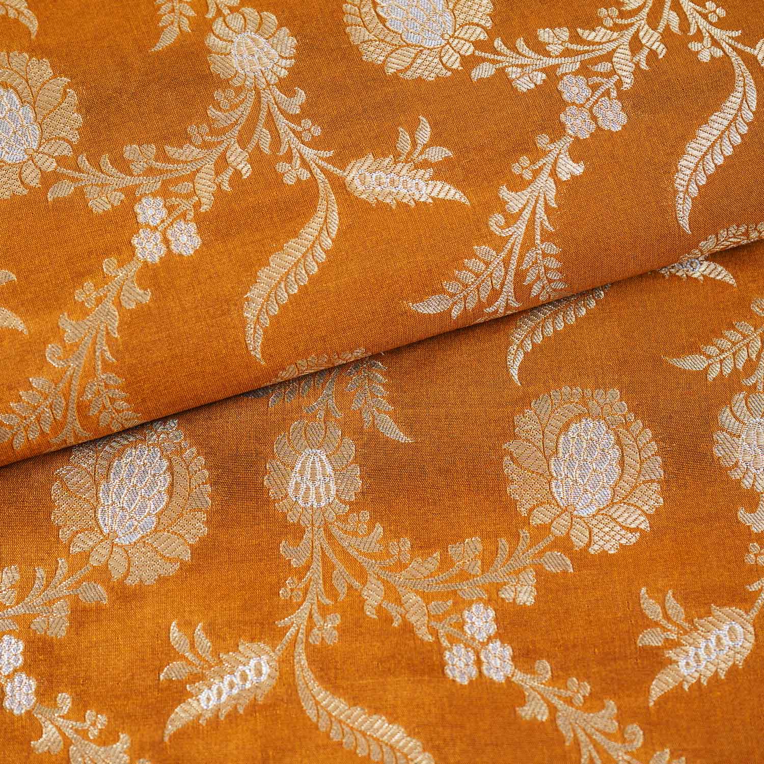 Mustard Floral Jaal Katan Silk Fabric NH-28899 - Image 2