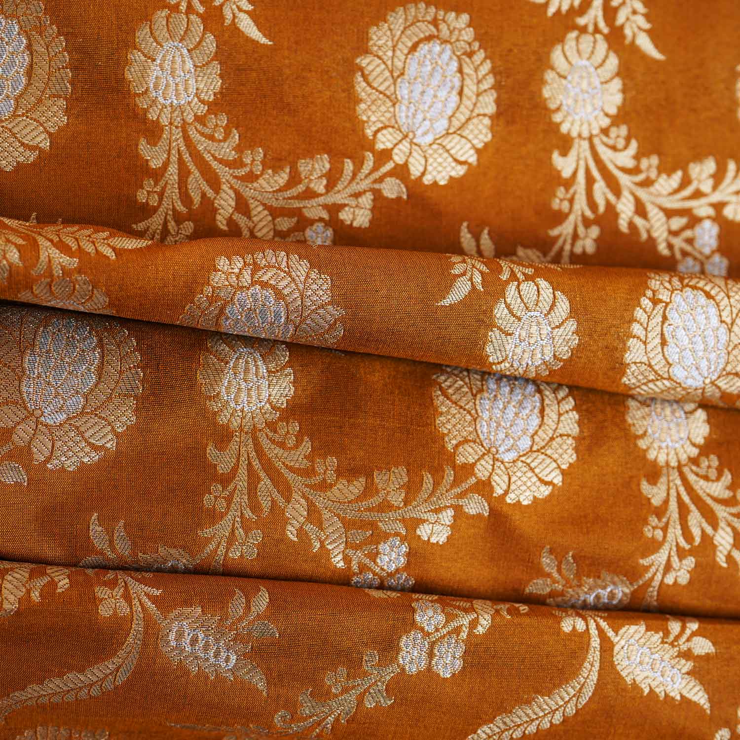 Mustard Floral Jaal Katan Silk Fabric NH-28899 - Image 3