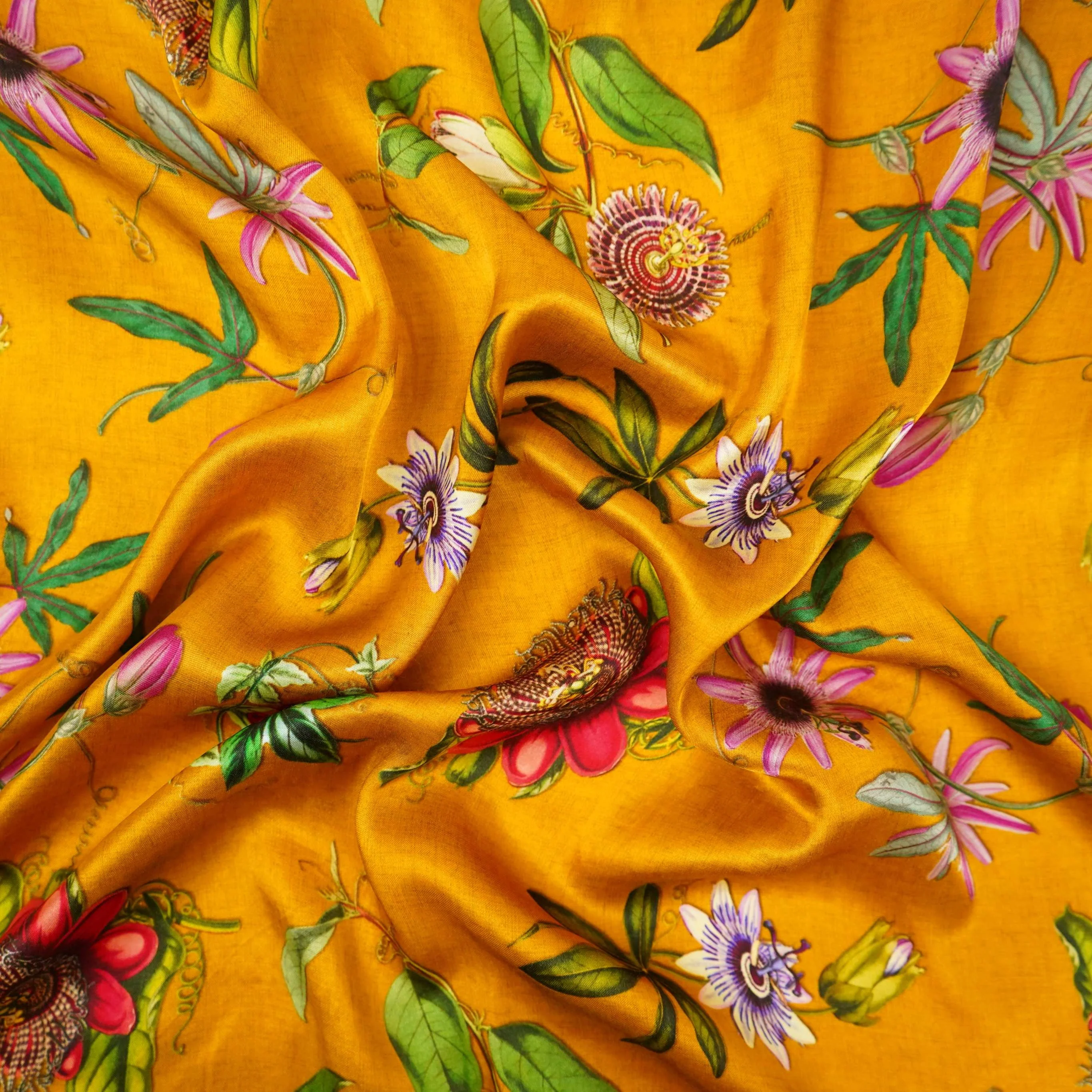 Mustard floral print Silk Satin Fabric NVC-31572 - Image 3